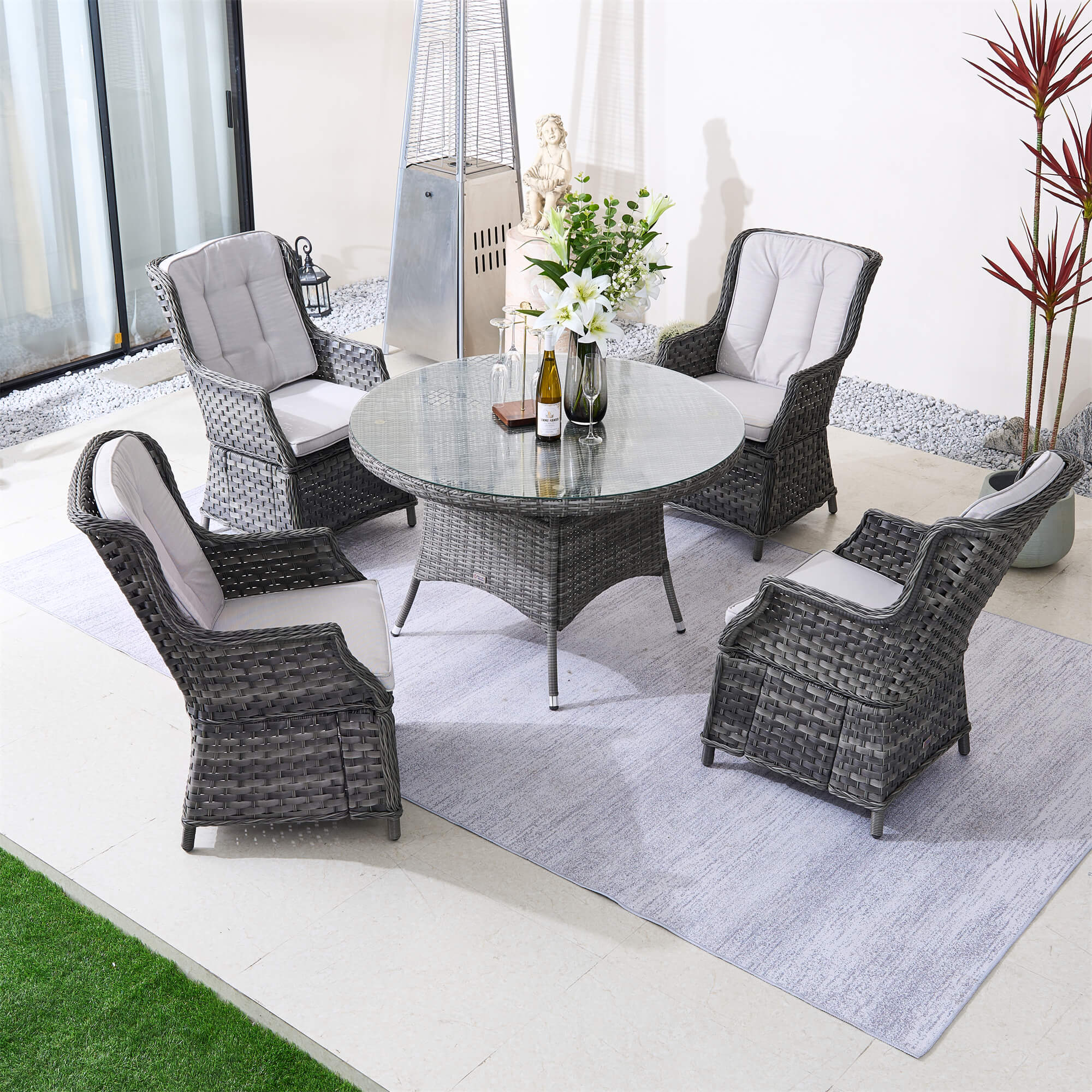4-Seater Outdoor PE Wicker Dining Set with Round Table and Cushions(PAD-1709+010) - Abrihome