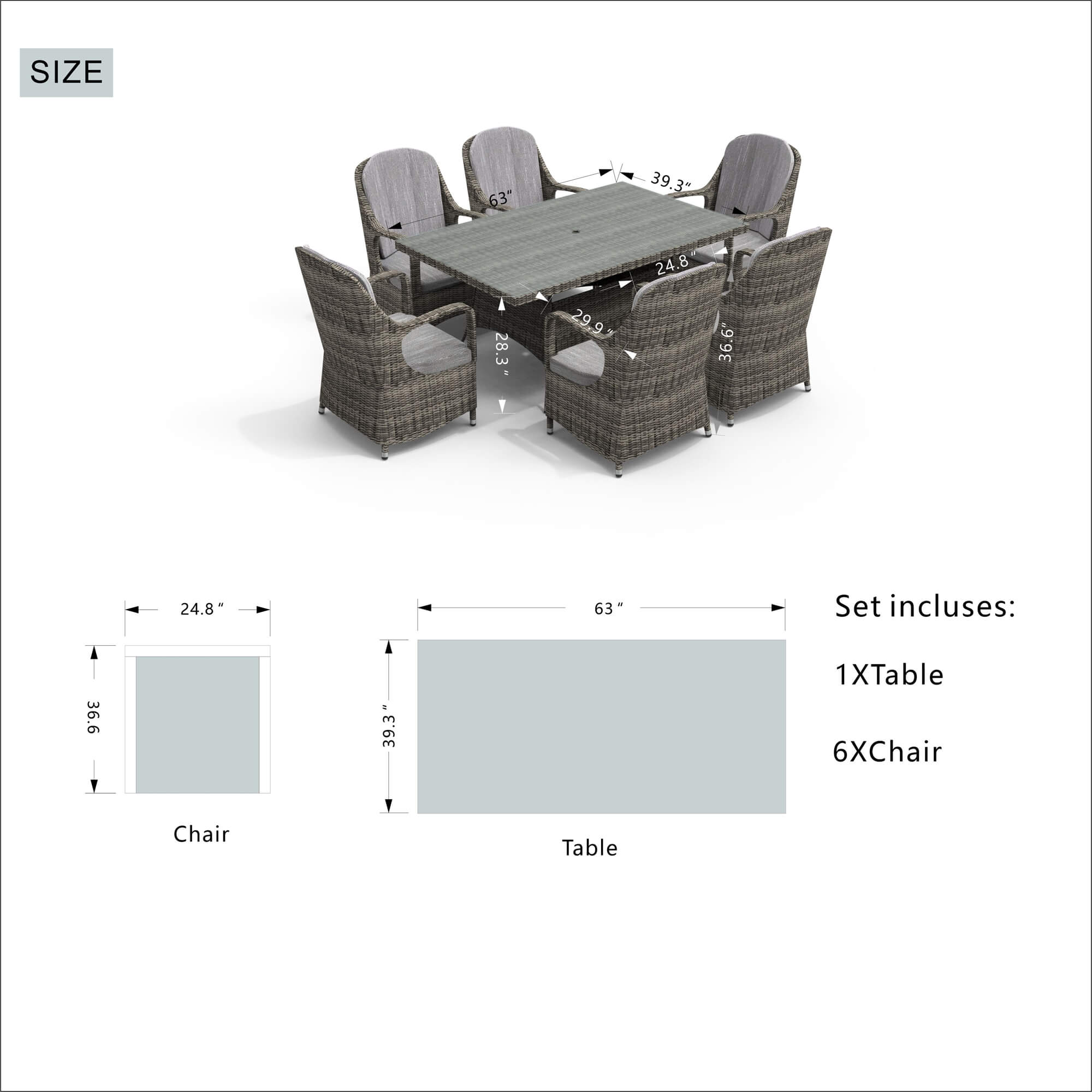 6-Seater Outdoor Rectangular Wicker Dining Set (PAD-1712+010) - Abrihome