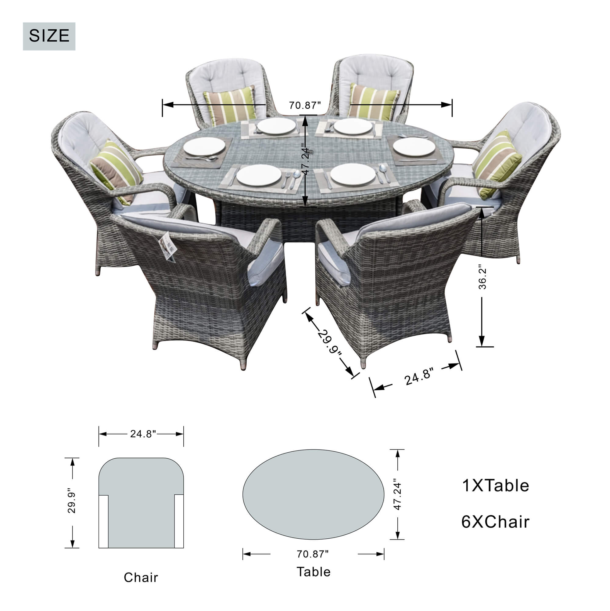 7-Piece Patio Dining Set with Oval Glass Table & Cushions (PAD-1713-SET) - Abrihome