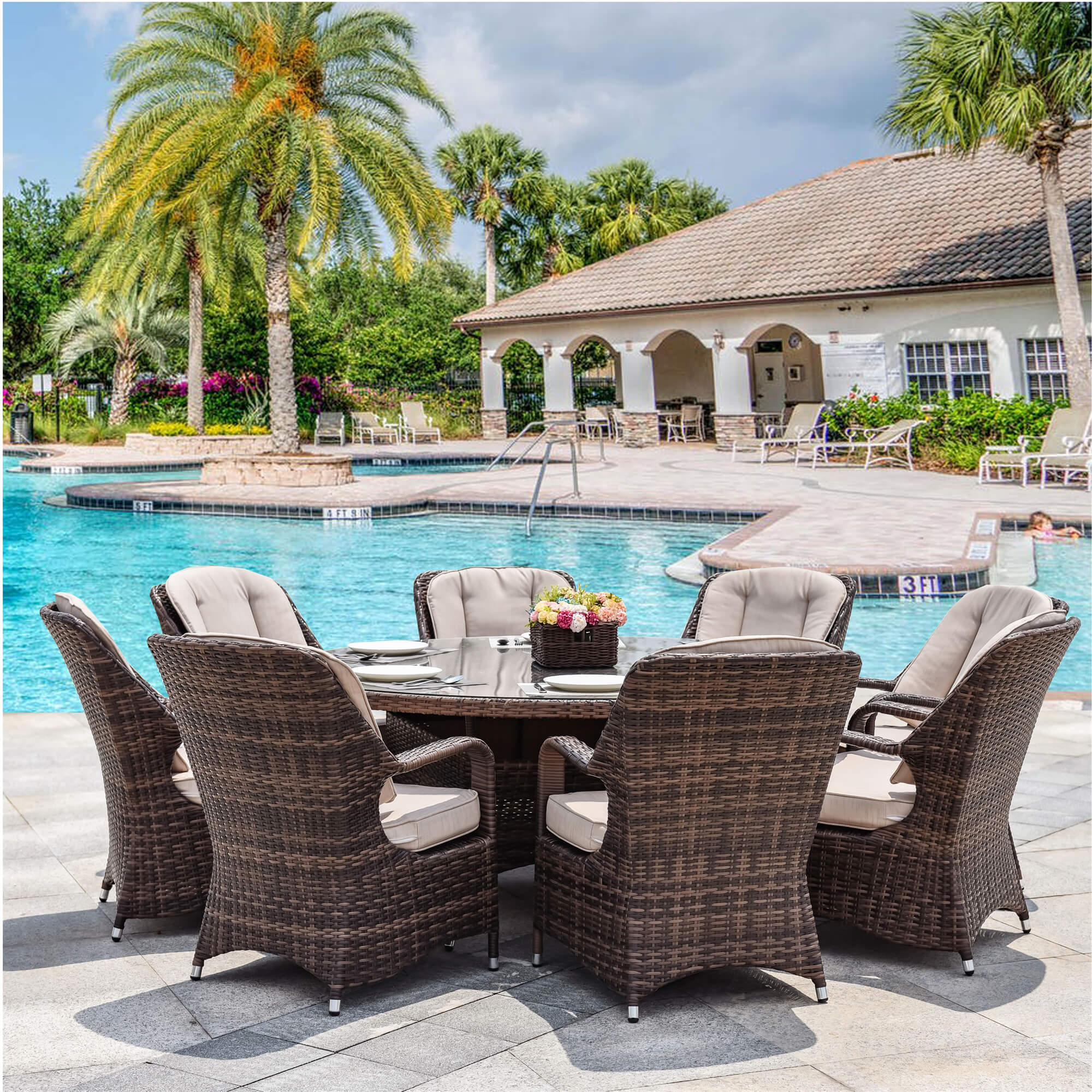 9-Piece Outdoor Dining Set with Round Table and 8 Cushioned Chairs (PAD-1714+009) - Abrihome