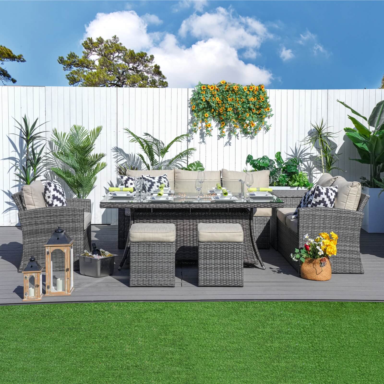 6-Piece Patio Fire Pit Conversation Set with Rectangular Table(PAS-1403B+1106R) - Abrihome