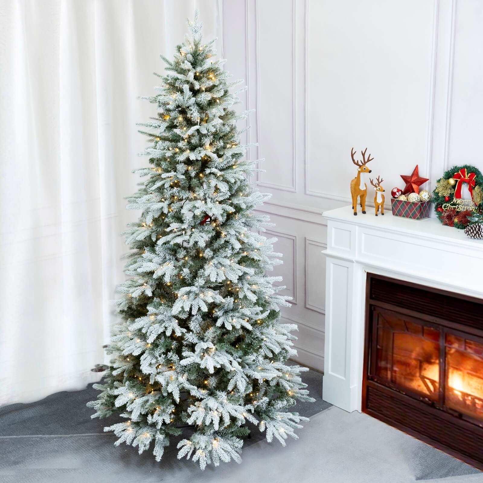 6FT Snow-Flocked Artificial Christmas Tree with Optional Warm White LED Lights(PJT-2507-6FT) - Abrihome