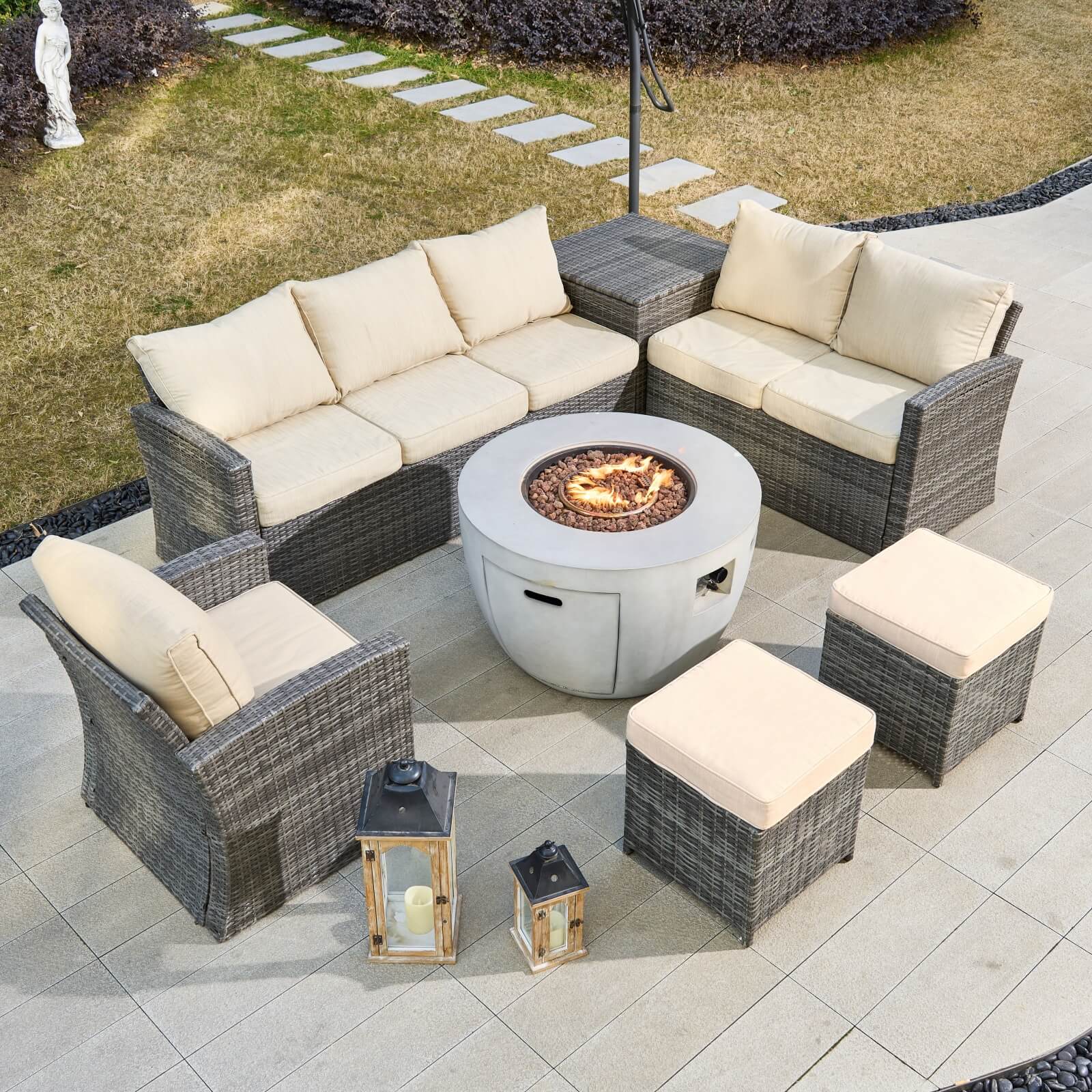 7-Piece Outdoor Conversation Set with Round Fire Pit Table(PAS-1403B+2160) - Abrihome