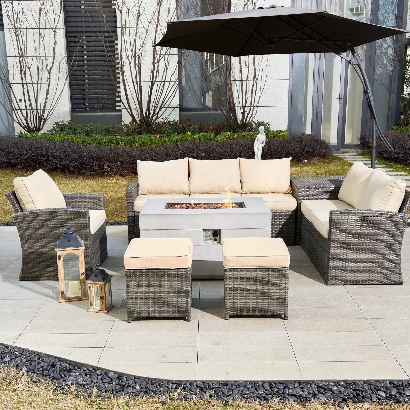 7-Piece Outdoor Conversation Set with Rectangular Fire Pit Table (PAS-1403B+2150) - Abrihome