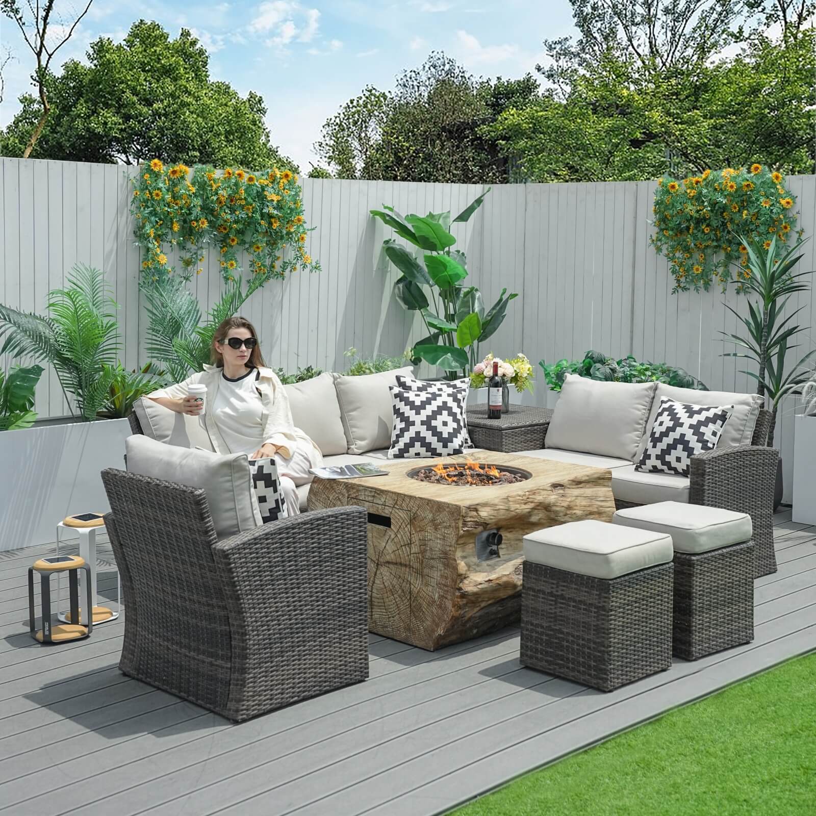 7-Piece Outdoor Fire Pit Set with TerraFlame Rectangle Table(PAG-1403B+2170) - Abrihome