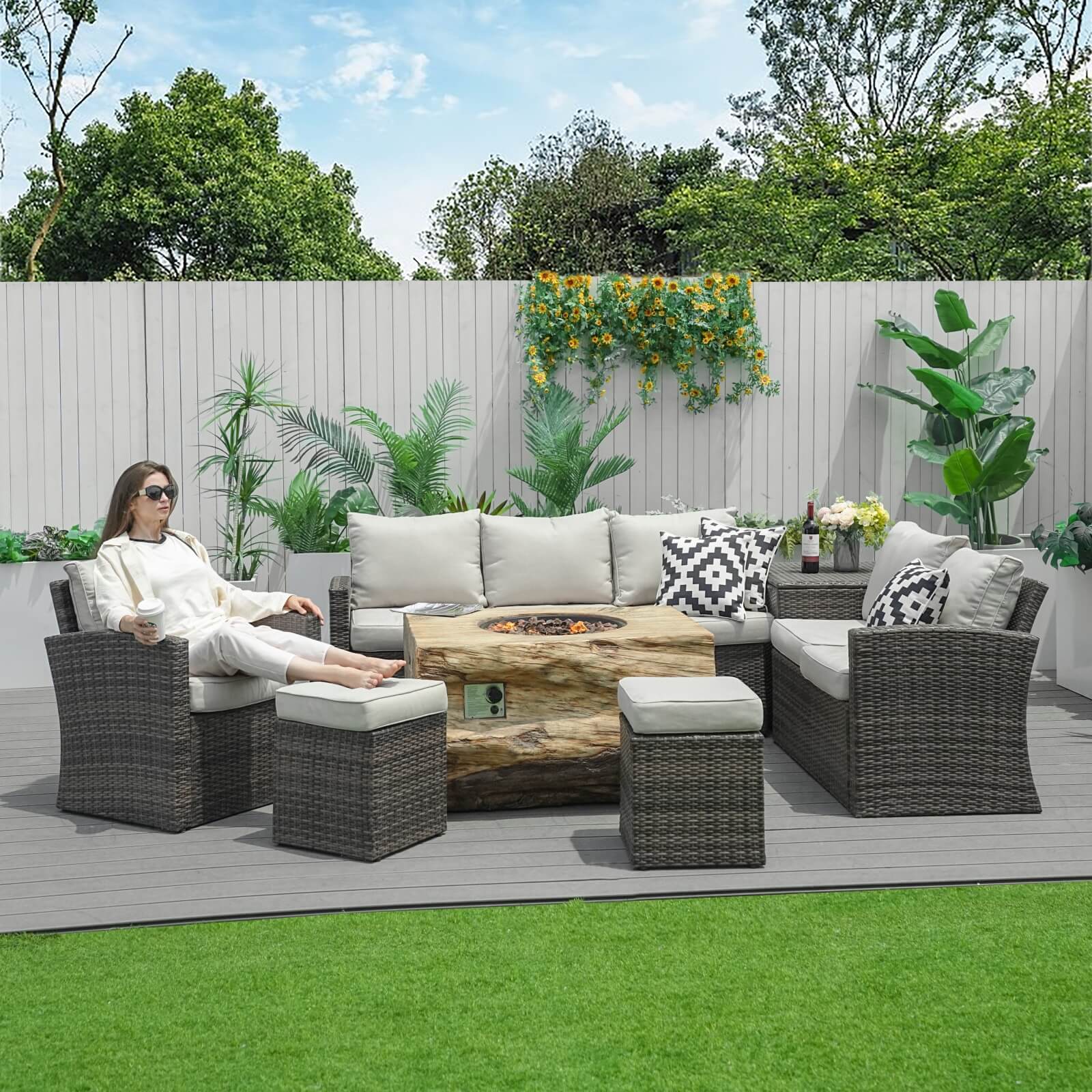 7-Piece Outdoor Fire Pit Set with TerraFlame Rectangle Table(PAG-1403B+2170) - Abrihome