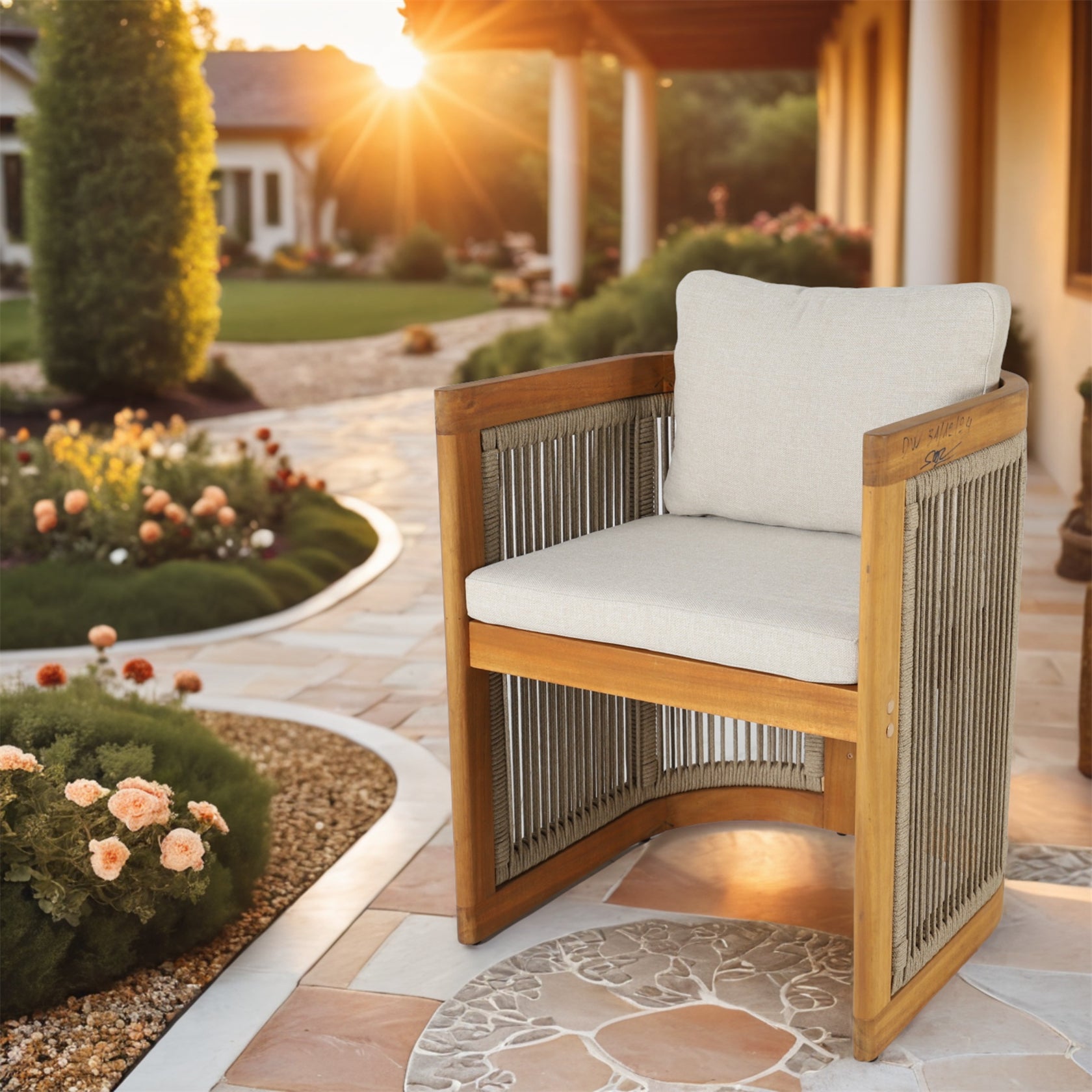 6-Seat Acacia Wood Outdoor Dining Set with Cushions(PAD-2517-TA+SC*6) - Abrihome