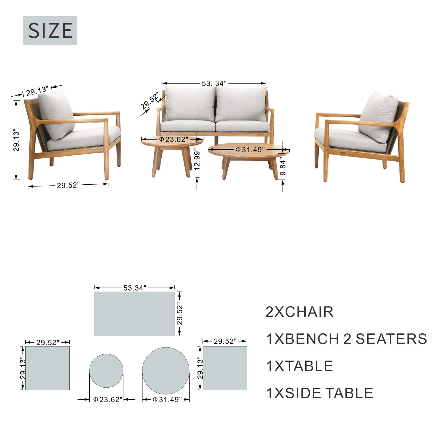 5-Piece Solid Acacia Wood Outdoor Sofa Set(PAS-2513-2SC+SC*2+TA+ST) - Abrihome