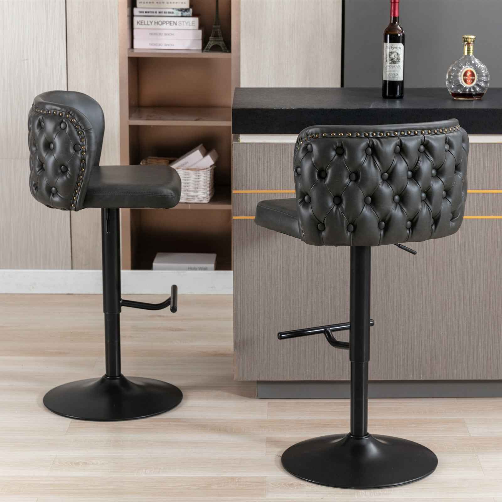 A&A Furniture,Swivel Barstools Adjusatble Seat Height, Modern PU Upholstered Bar Stools with the whole Back Tufted, for Home Pub and Kitchen Island(Dark Gray, Set of 2)