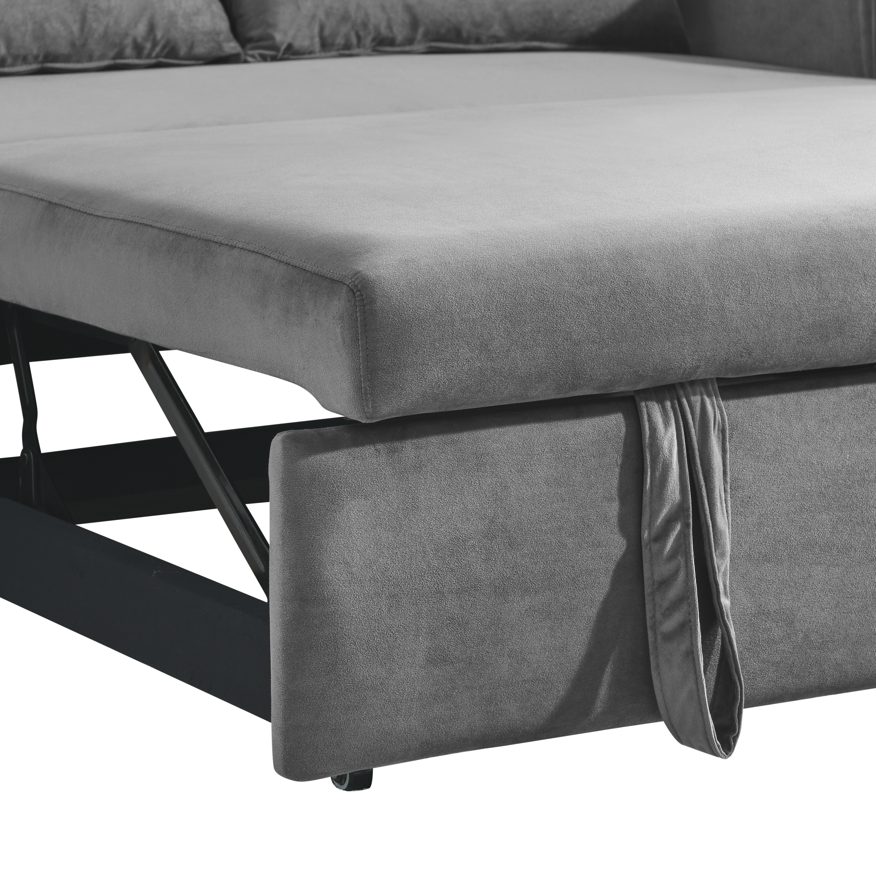 55" Modern Convertible Sofa Bed with 2 Detachable Arm Pockets, Velvet Loveseat Sofa with Pull Out Bed, 2 Pillows and Living Room Adjustable Backrest, Grid Design Armrests