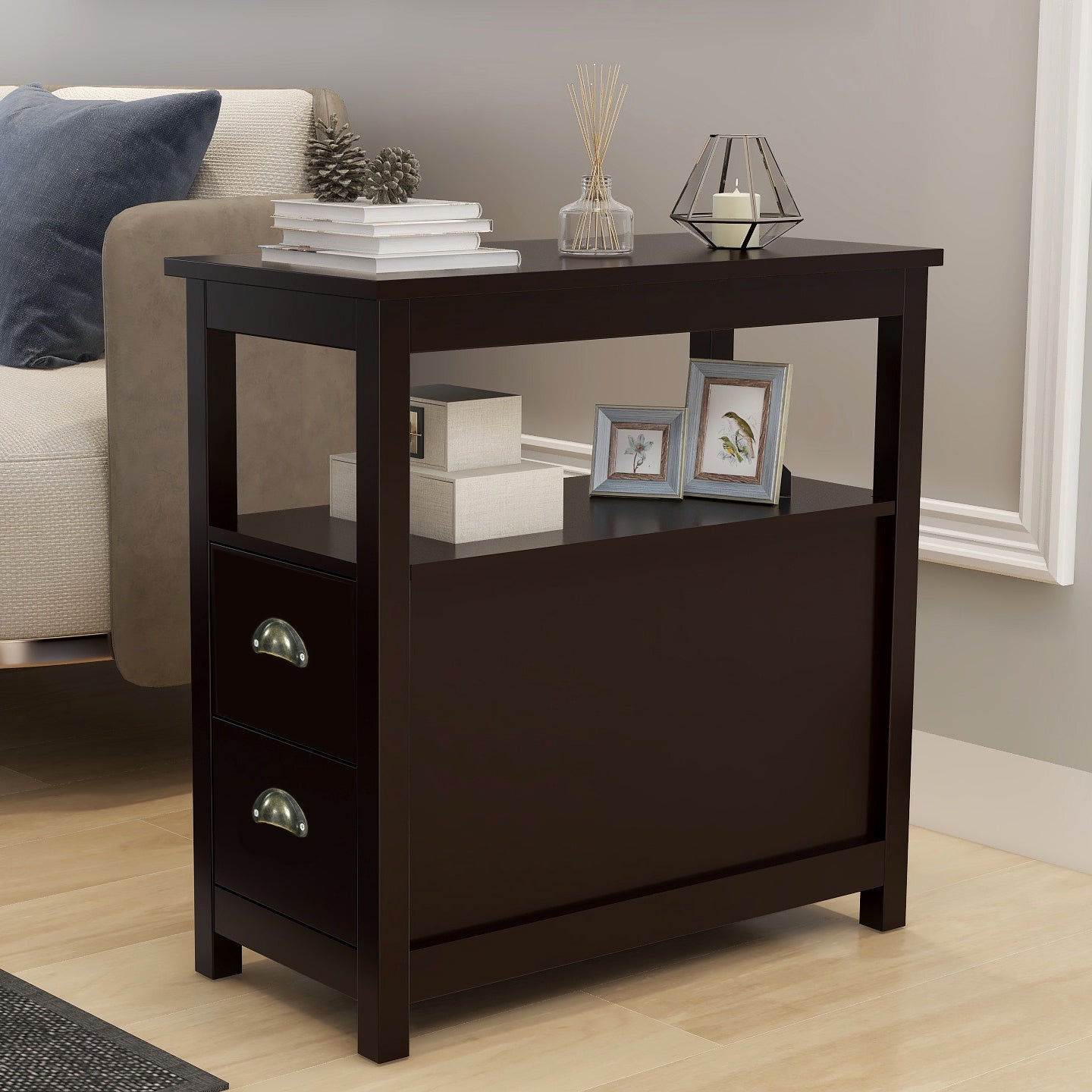 End Table Narrow Nightstand With Two Drawers And Open Shelf-Brown - Abrihome
