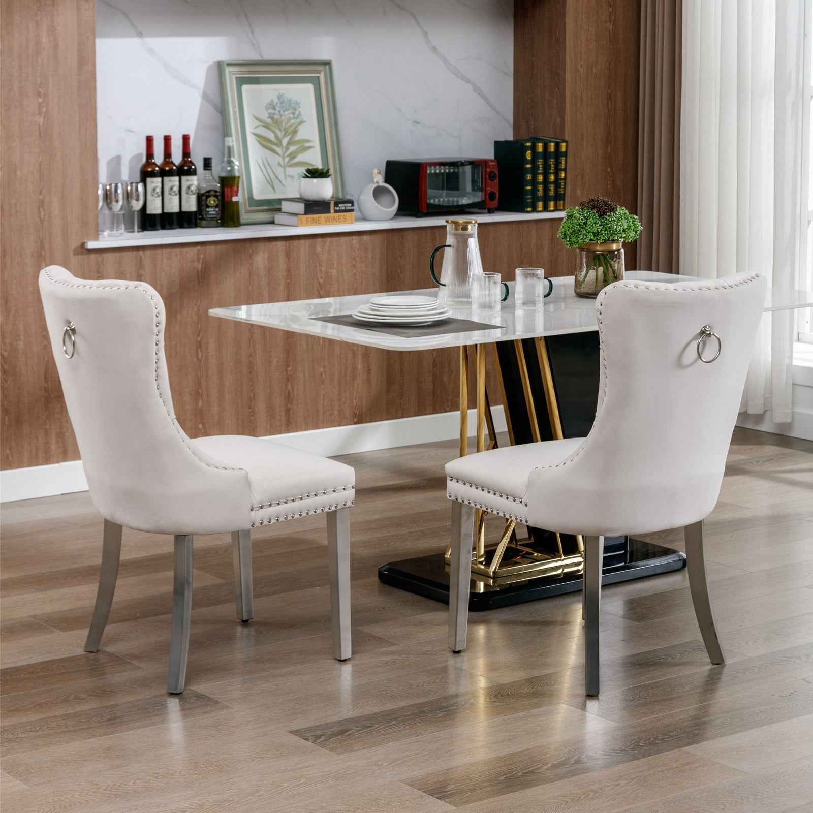 Nikki Collection Modern, High-end Tufted Solid Wood Contemporary Velvet Upholstered Dining Chair with Chrome Stainless Steel Plating Legs,Nailhead Trim,Set of 2,Beige and Chrome, SW1701BG