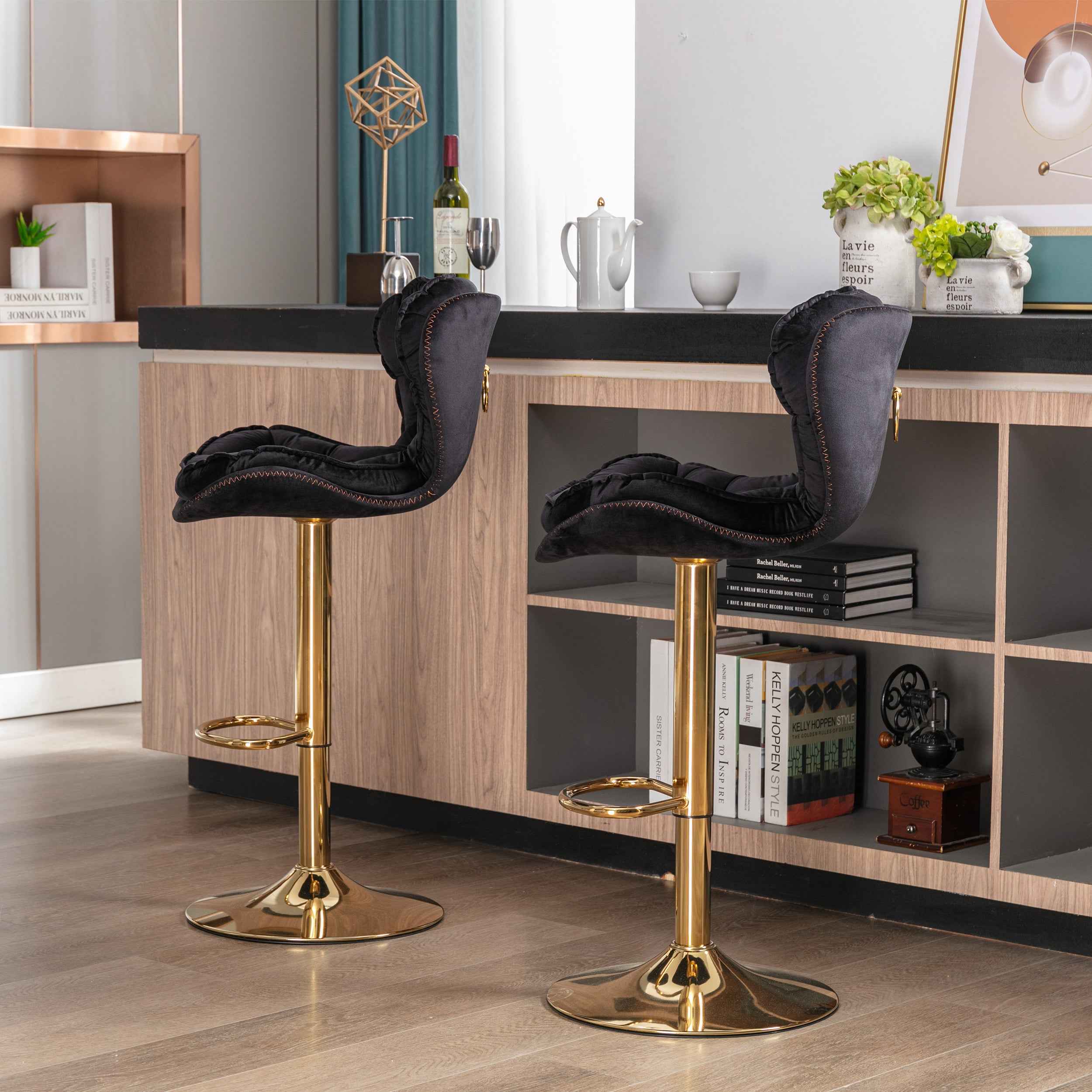 Set of 2 Bar Stools,with Chrome Footrest and Base Swivel Height Adjustable Mechanical Lifting Velvet + Golden Leg Simple Bar Stool-black