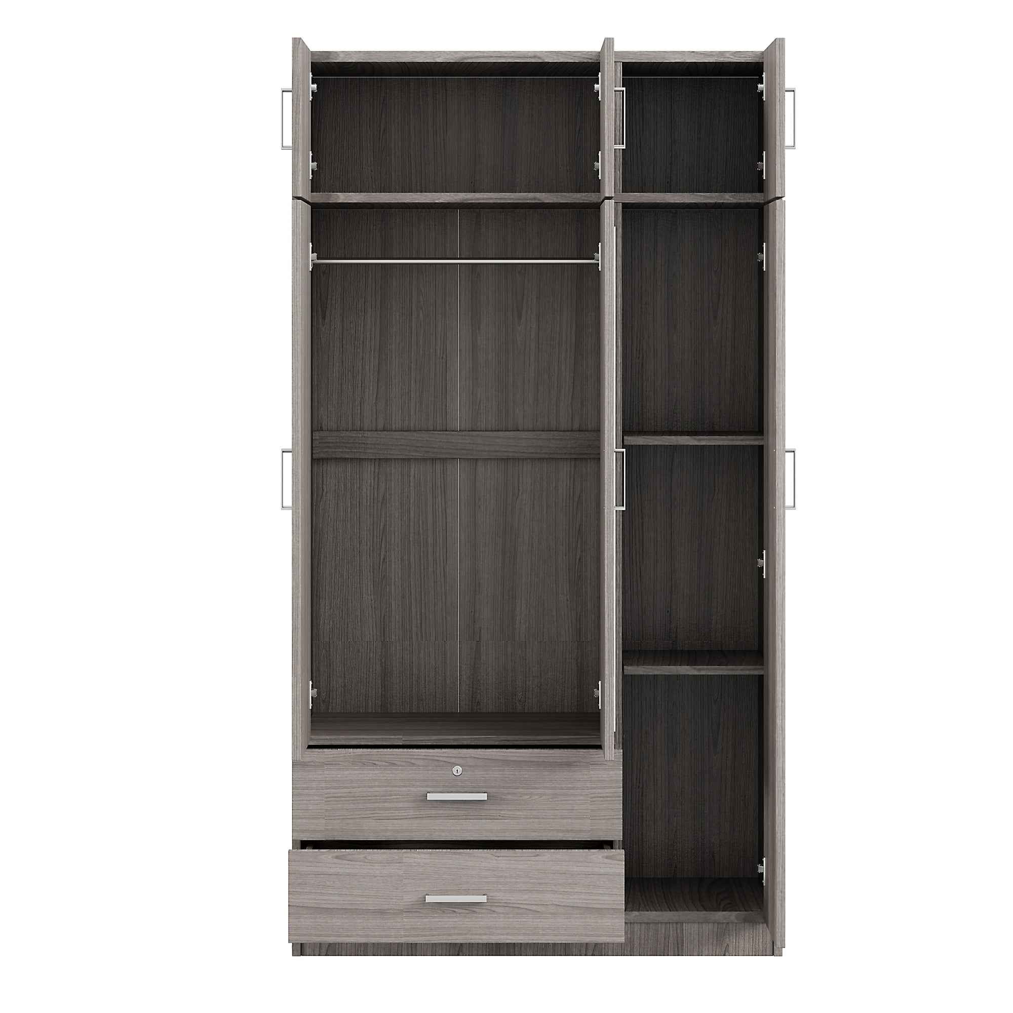 3-Door Mirror Wardrobe with 2 Drawers and Top Cabinet,Gray