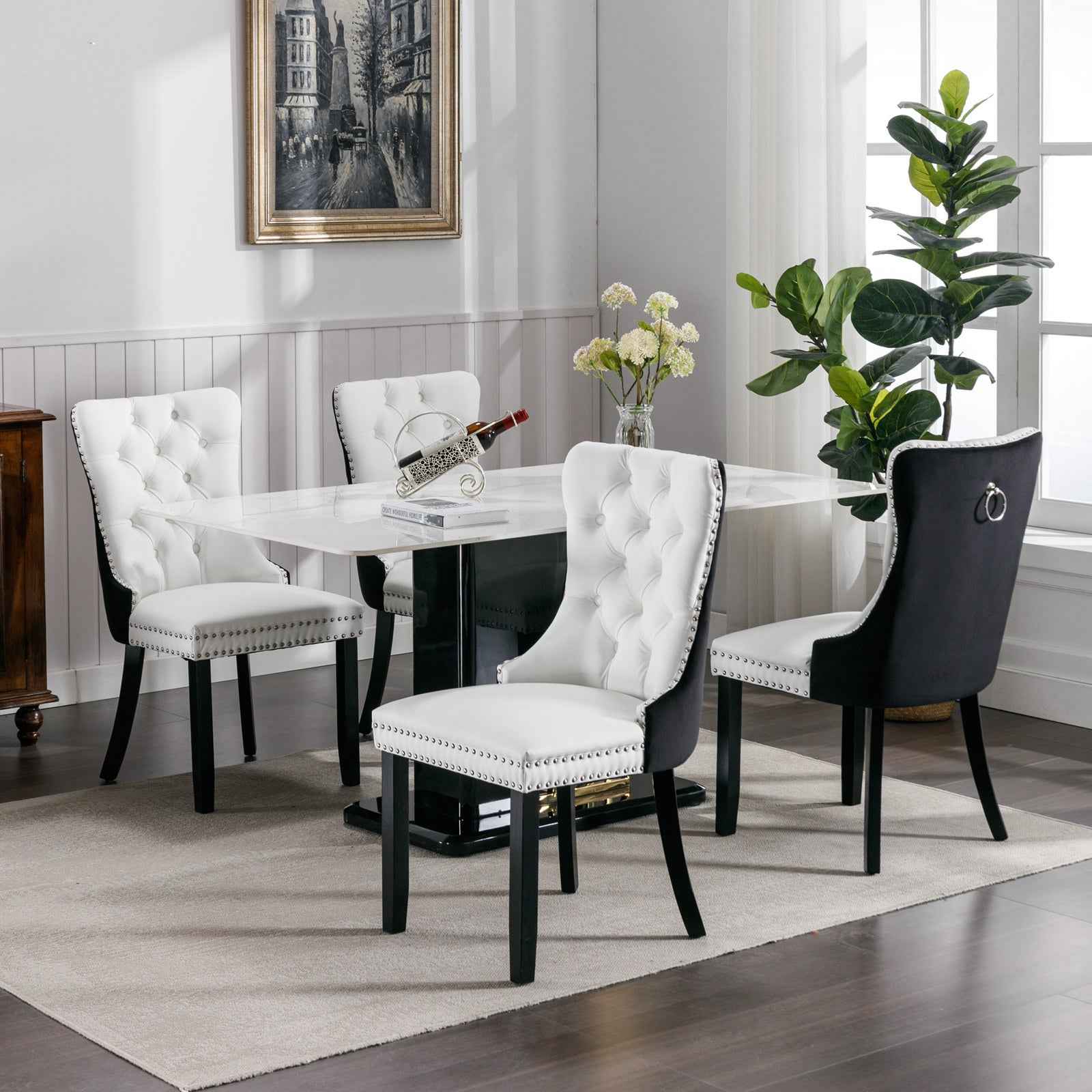 A&A Furniture,Nikki Collection Modern, High-end Tufted Solid Wood Contemporary PU and Velvet Upholstered Dining Chair with Wood Legs Nailhead Trim 2-Pcs Set,White+Black, SW2101WB