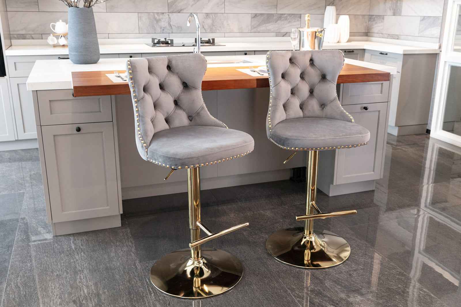 A&A Furniture,Golden Swivel Velvet Barstools Adjusatble Seat Height from 25-33 Inch, Modern Upholstered Bar Stools with Backs Comfortable Tufted for Home Pub and Kitchen Island(Gray,Set of 2)