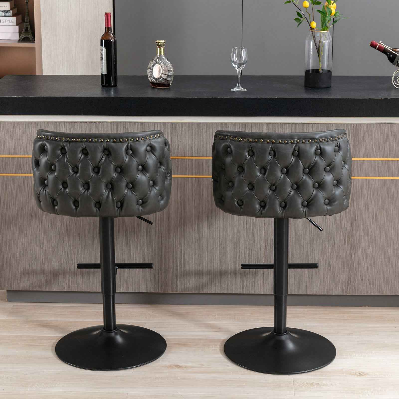 A&A Furniture,Swivel Barstools Adjusatble Seat Height, Modern PU Upholstered Bar Stools with the whole Back Tufted, for Home Pub and Kitchen Island(Dark Gray, Set of 2)