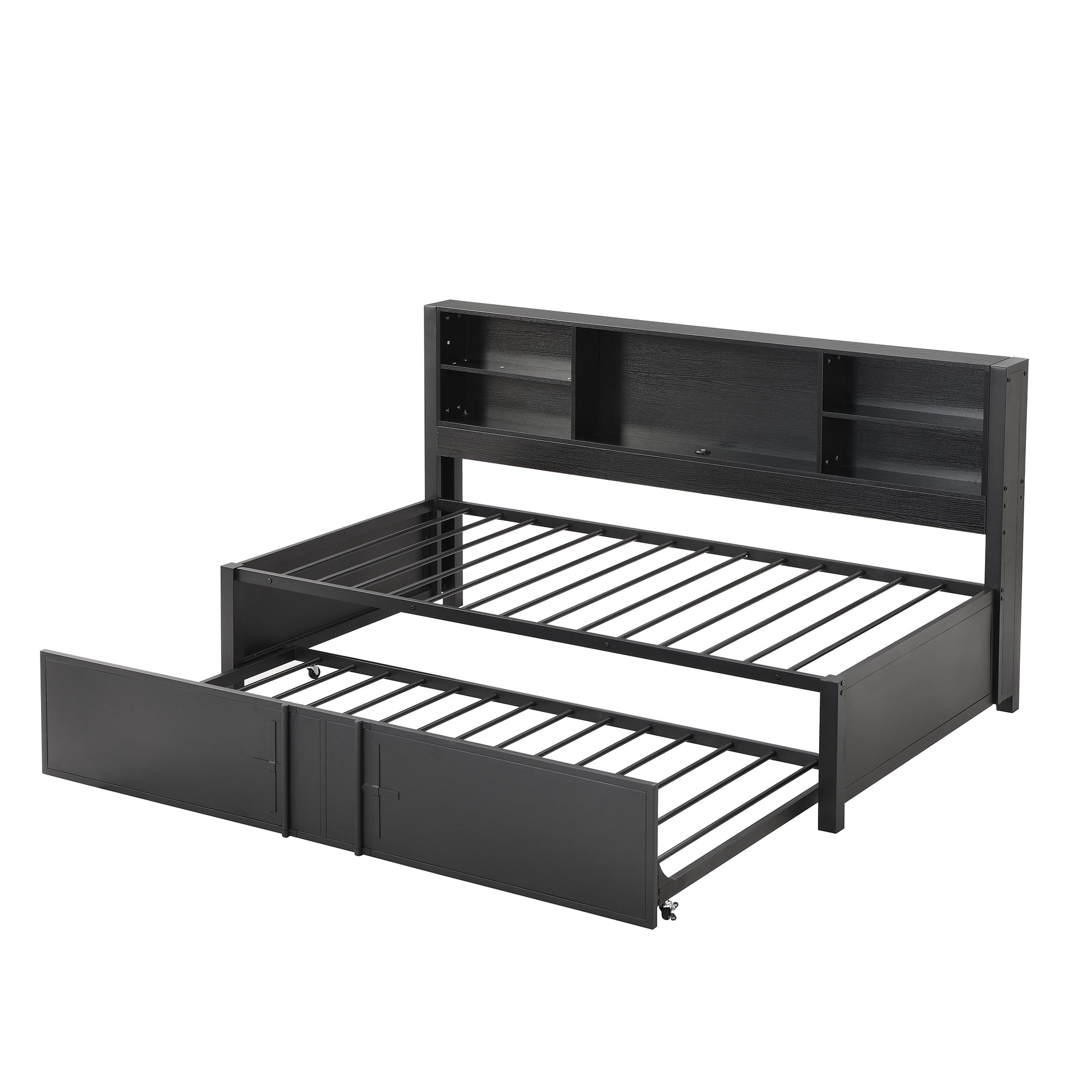 Metal Twin Size Daybed with Twin Size Trundle, Storage Shelves and USB Ports, Black - Abrihome