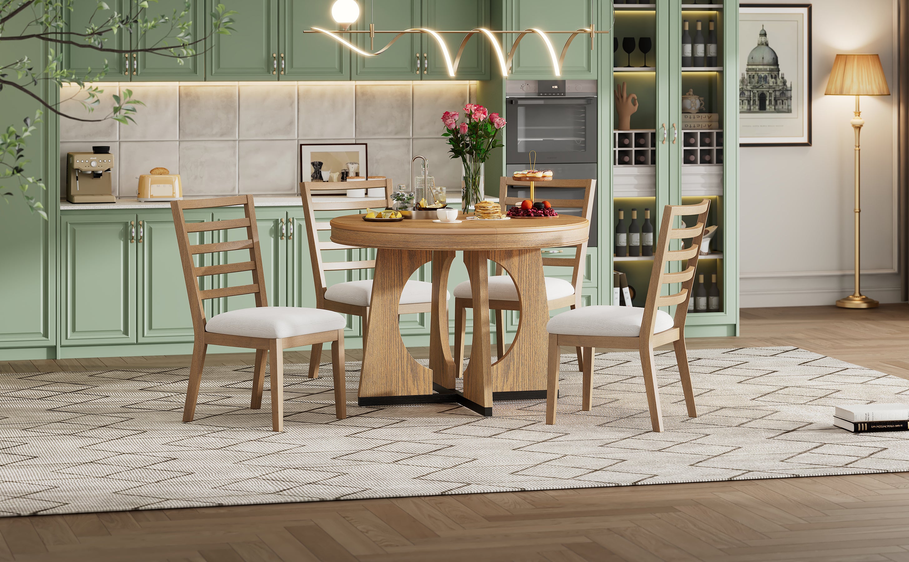 TREXM 5-Piece Retro Rustic Functional Dining Set Unique Geometric Design, 1 Extendable Table with a 16-inch Leaf and 4 Upholstered Chairs Ideal for Dining Room and Kitchen (Natural) - Abrihome