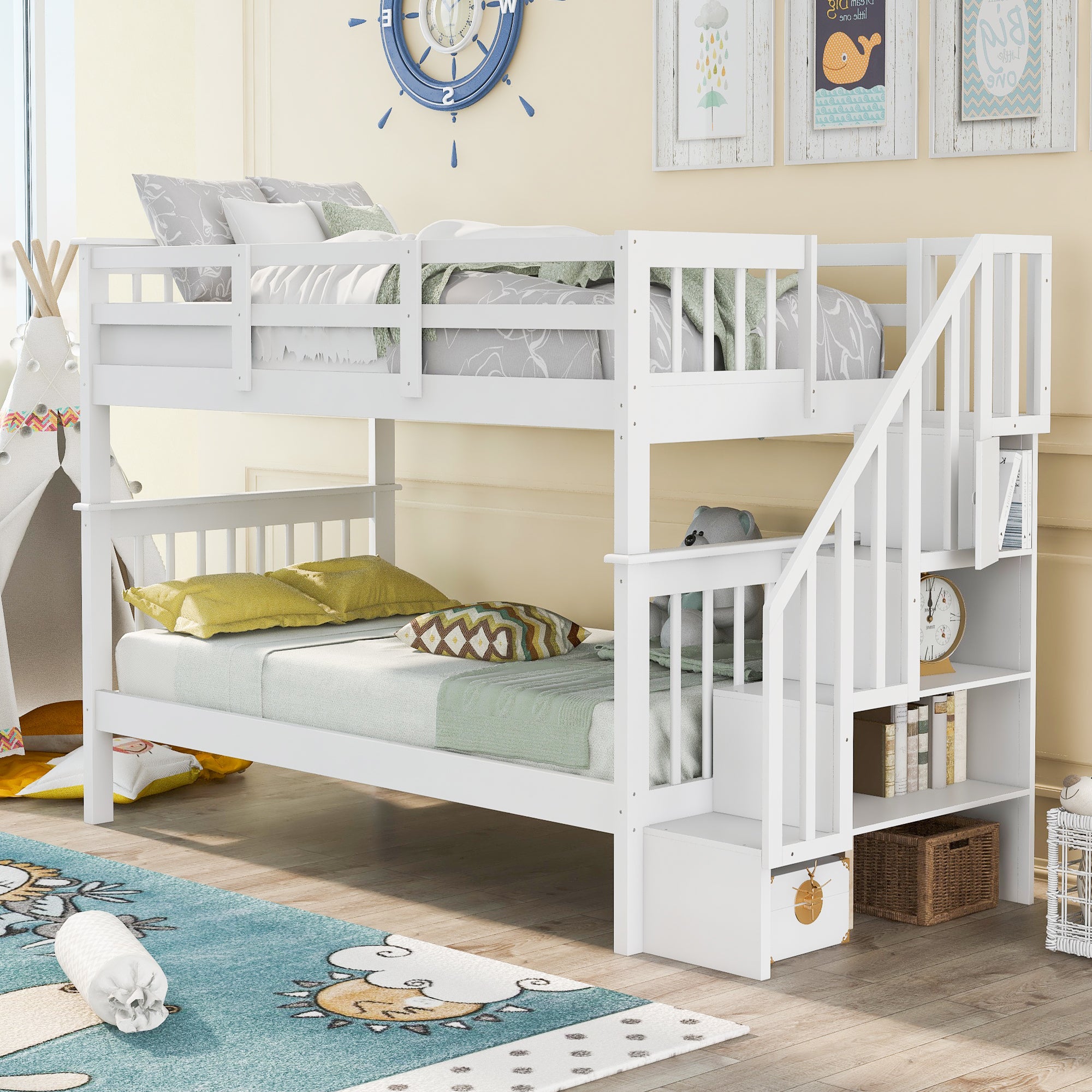Stairway Twin-Over-Twin Bunk Bed with Storage and Guard Rail for Bedroom, Dorm, White color(OLD SKU :LP000109AAK) - Abrihome