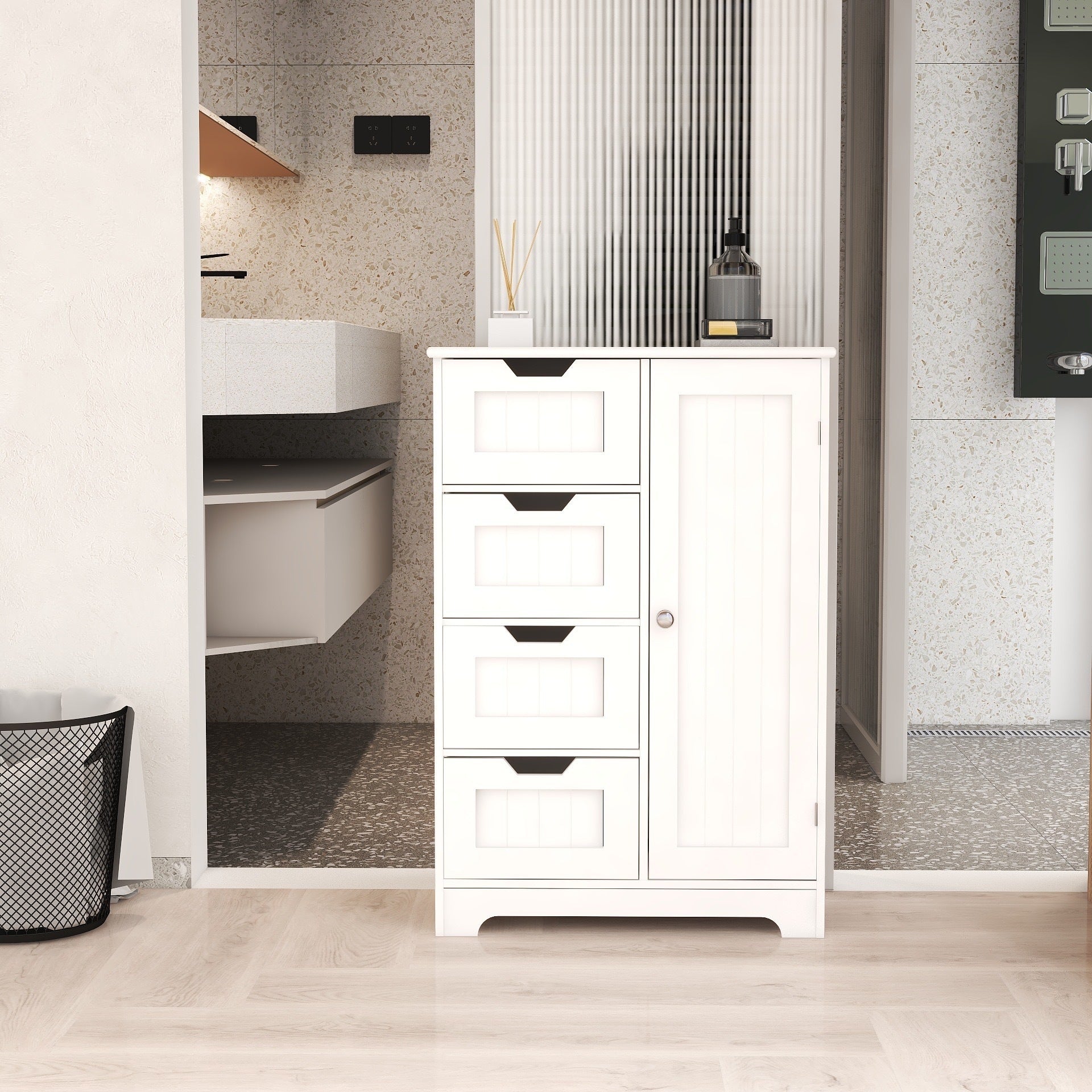 White freestanding floor storage cabinet with adjustable shelves, 4 drawers and 1 door - Abrihome