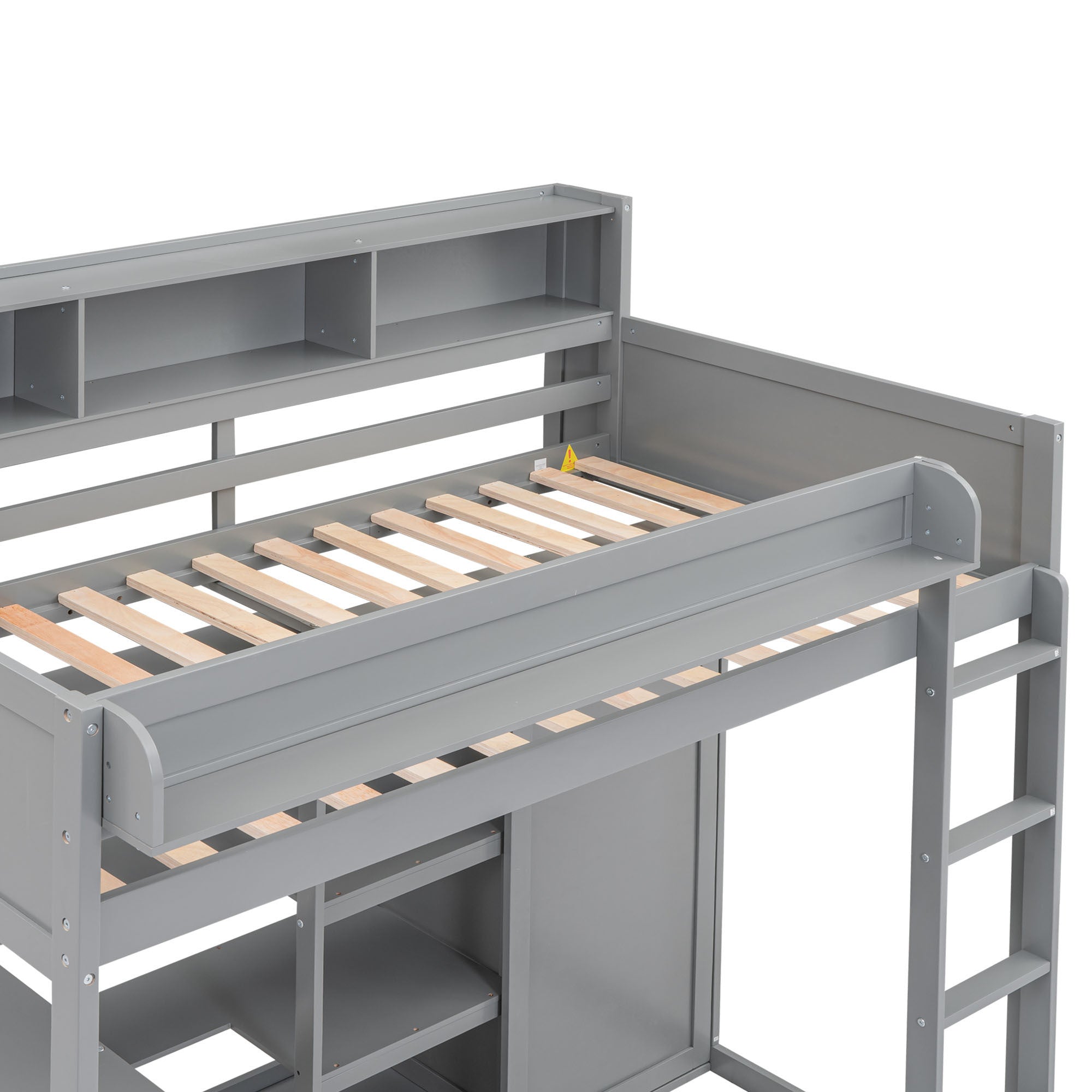 Wood Twin Size Loft bed with Multiple Storage Shelves and Wardrobe, Gray - Abrihome