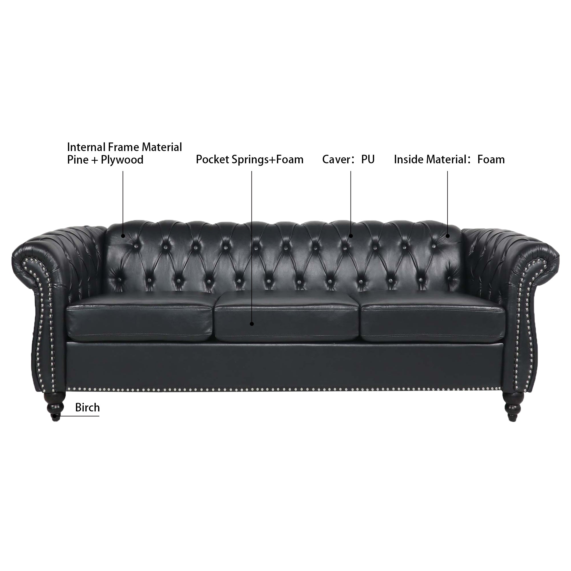 84.65" BLACK PU Rolled Arm Chesterfield Three Seater Sofa. - Abrihome