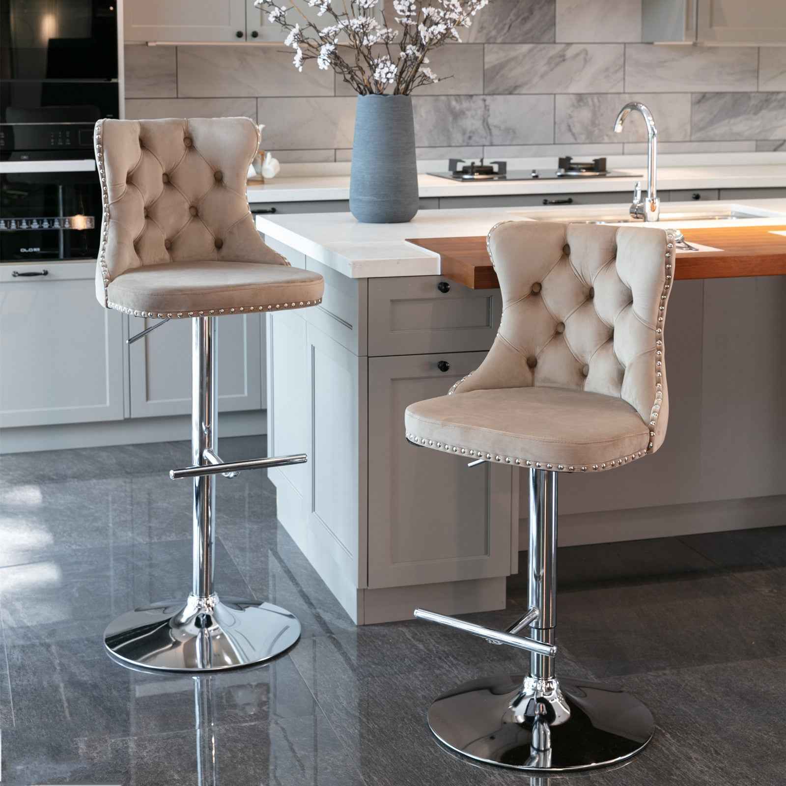 A&A Furniture,Swivel Velvet Barstools Adjusatble Seat Height from 25-33 Inch, Modern Upholstered Chrome base Bar Stools with Backs Comfortable Tufted for Home Pub and Kitchen Island(Khaki,Set of 2)