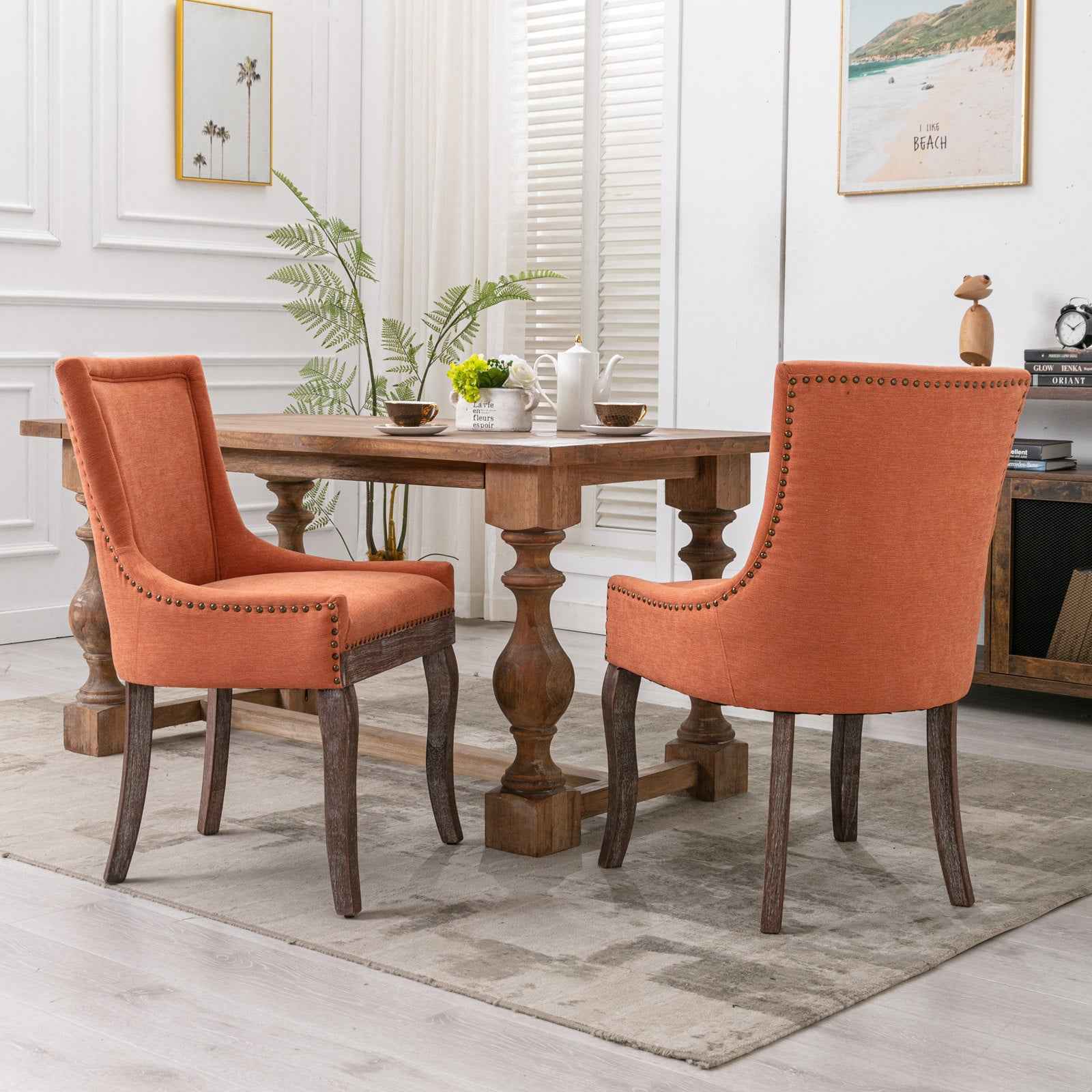 A&A Furniture,Ultra Side Dining Chair,Thickened fabric chairs with neutrally toned solid wood legs, Bronze nail head,Set of 2,Orange