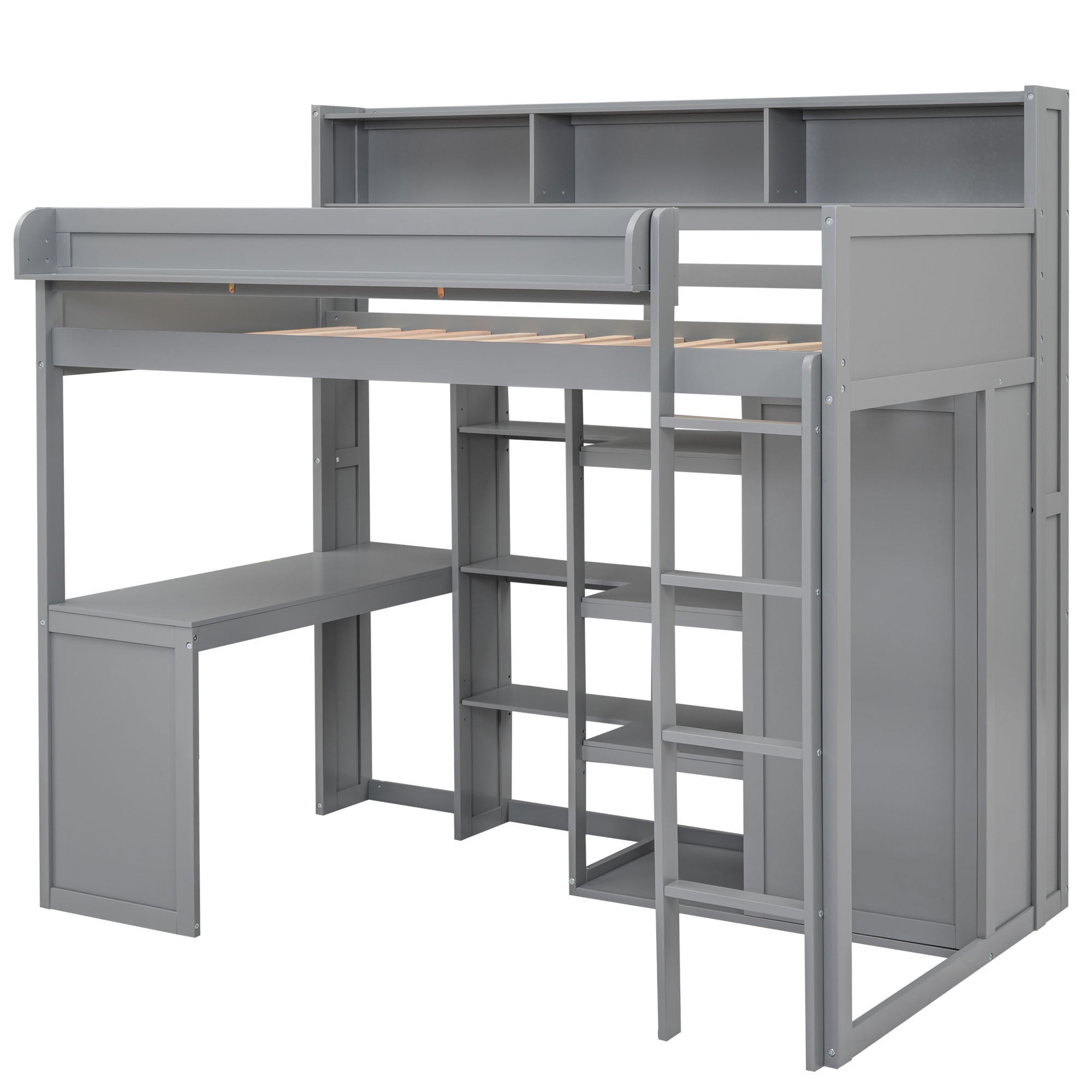 Wood Twin Size Loft bed with Multiple Storage Shelves and Wardrobe, Gray - Abrihome