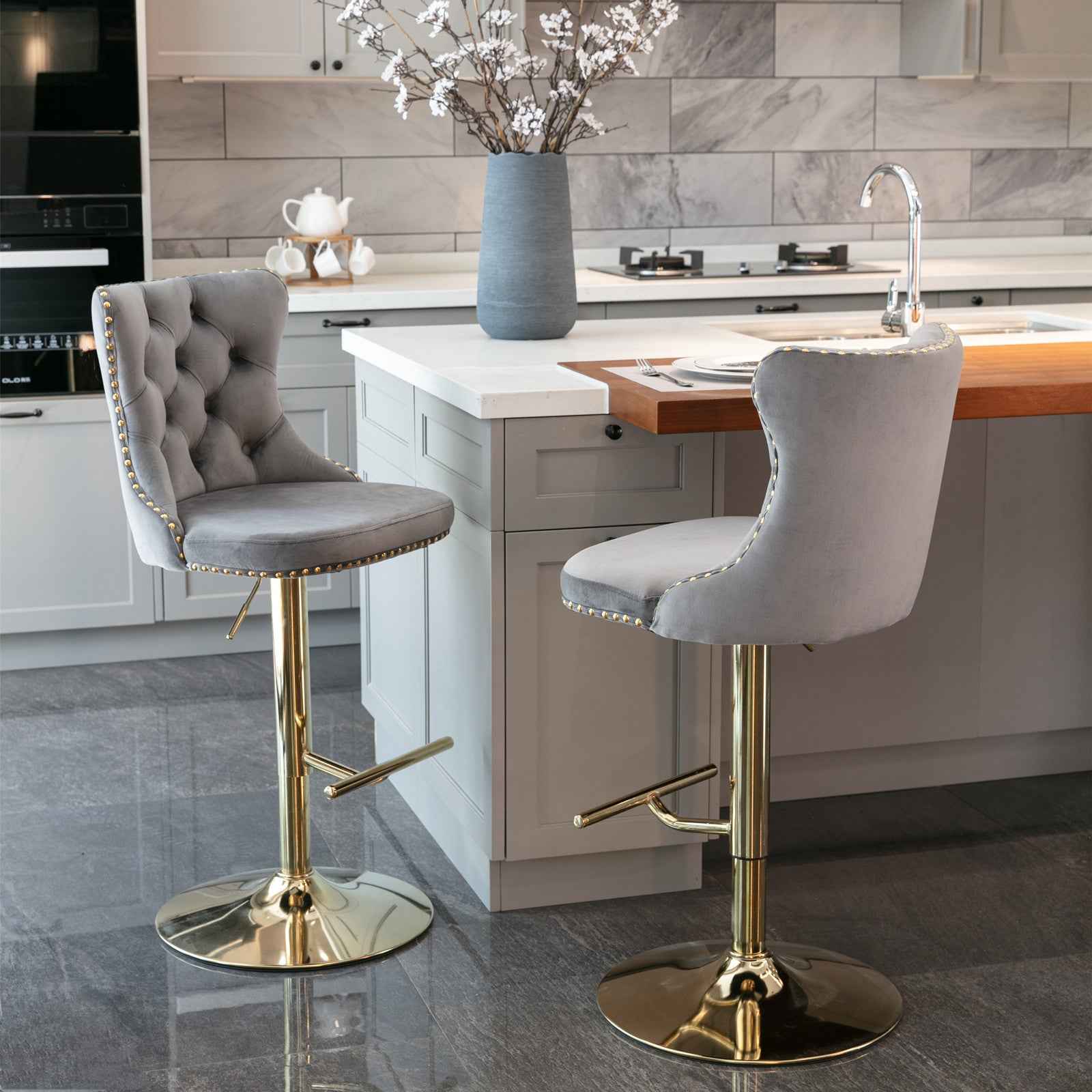 A&A Furniture,Golden Swivel Velvet Barstools Adjusatble Seat Height from 25-33 Inch, Modern Upholstered Bar Stools with Backs Comfortable Tufted for Home Pub and Kitchen Island(Gray,Set of 2)
