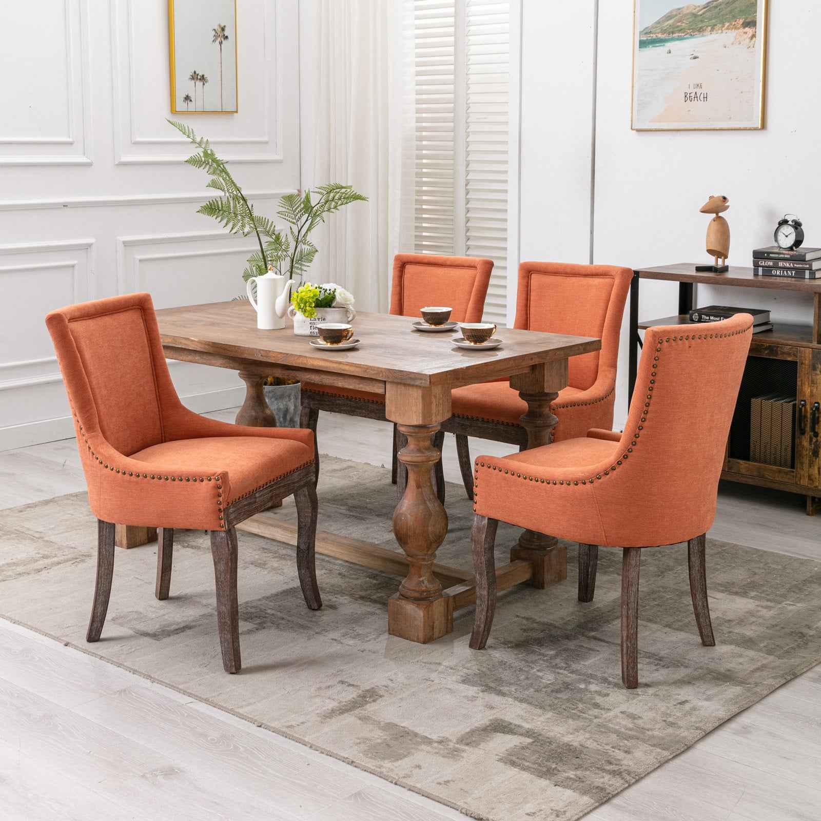 A&A Furniture,Ultra Side Dining Chair,Thickened fabric chairs with neutrally toned solid wood legs, Bronze nail head,Set of 2,Orange