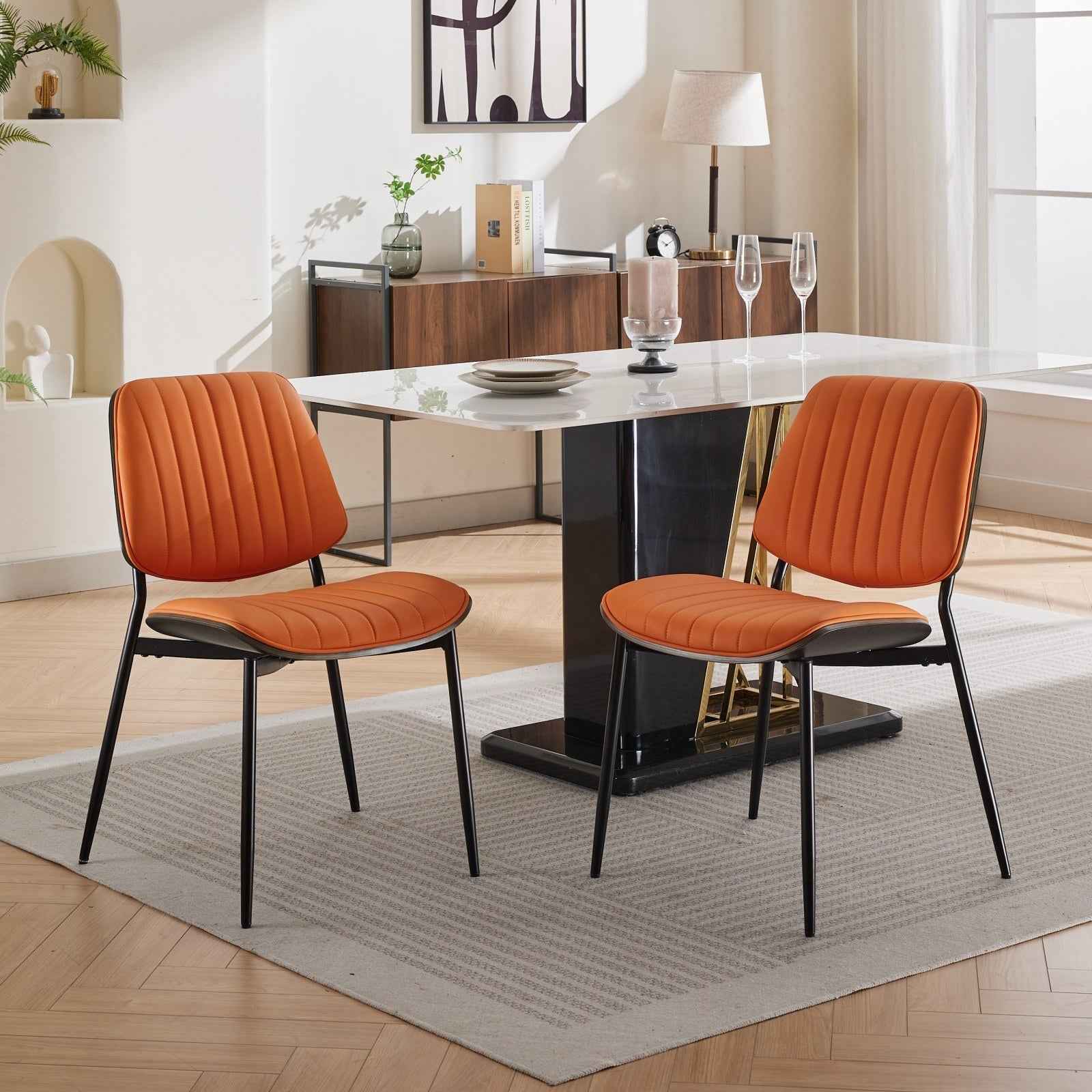A&A Furniture, Dining Chairs Set of 2 Mid Century Modern Retro Faux Leather Chair with Walnut Bentwood Back Upholstered Seat Metal Legs Adjustable Foot for Kitchen Dining Room Chairs(Orange PU)