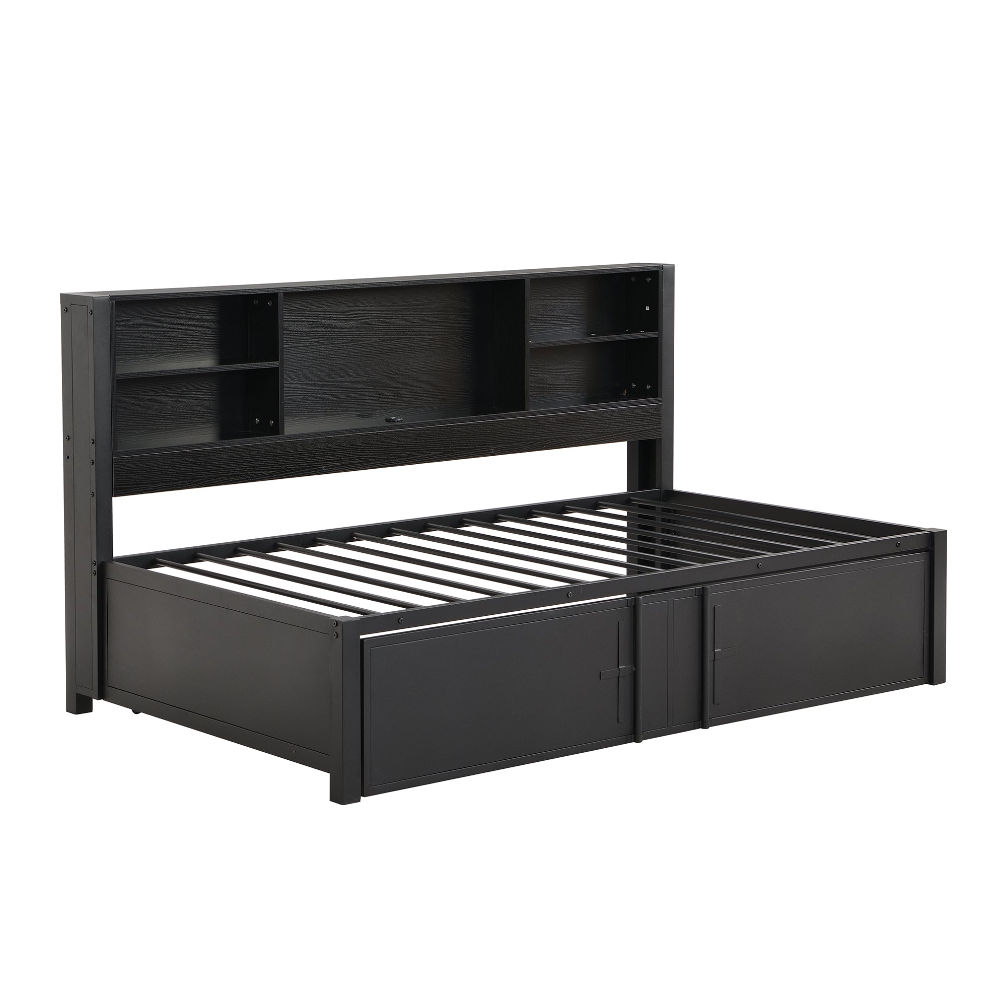 Metal Twin Size Daybed with Twin Size Trundle, Storage Shelves and USB Ports, Black - Abrihome