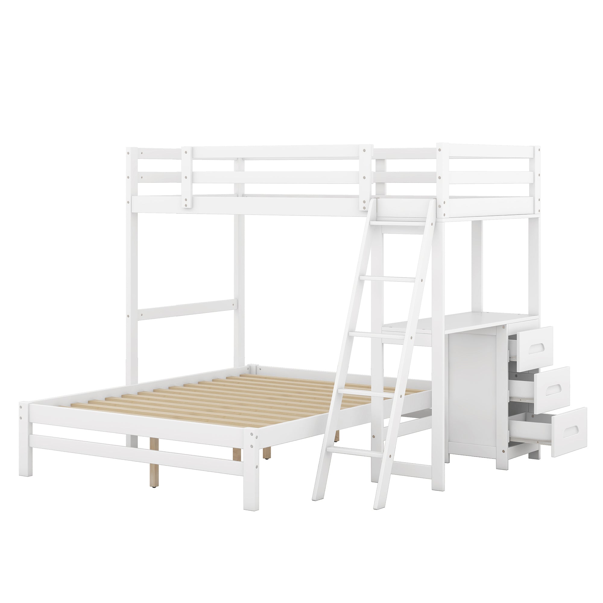 Twin over Full Bunk Bed with Built-in Desk and Three Drawers,White - Abrihome