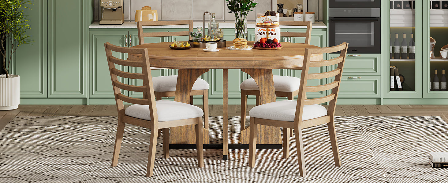 TREXM 5-Piece Retro Rustic Functional Dining Set Unique Geometric Design, 1 Extendable Table with a 16-inch Leaf and 4 Upholstered Chairs Ideal for Dining Room and Kitchen (Natural) - Abrihome