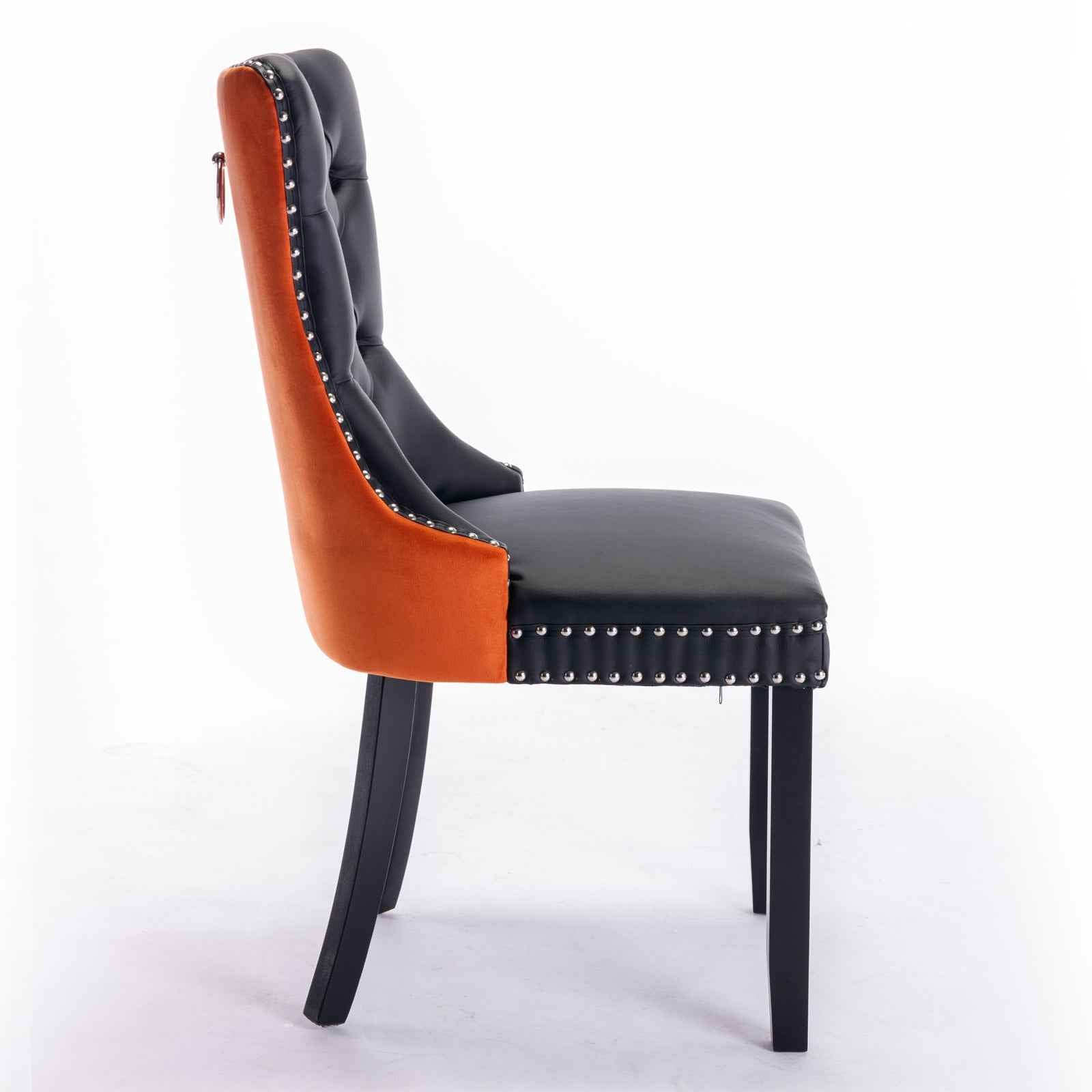 A&A Furniture,Nikki Collection Modern, High-end Tufted Solid Wood Contemporary PU and Velvet Upholstered Dining Chair with Wood Legs Nailhead Trim 2-Pcs Set,Black+Orange, SW2101BO