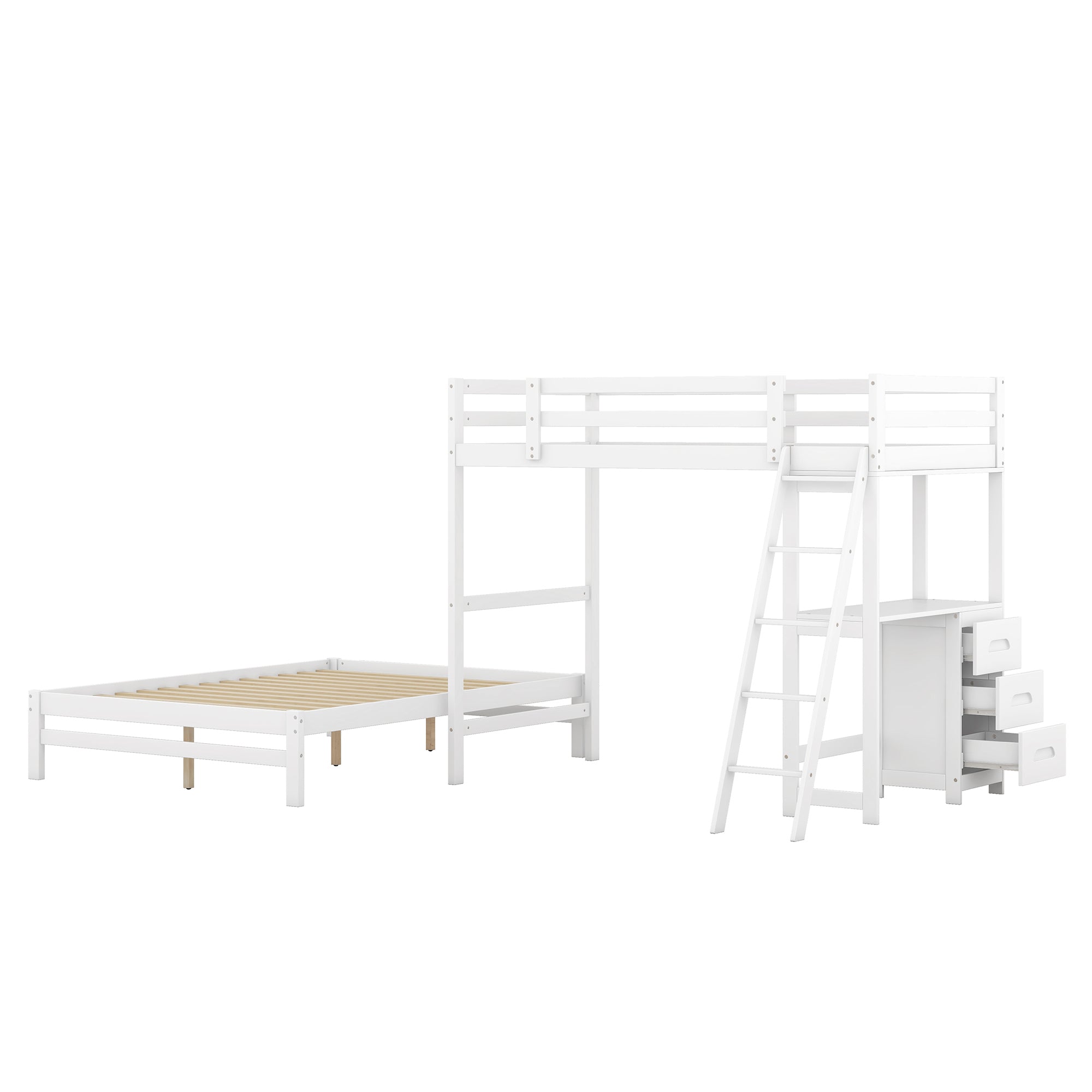 Twin over Full Bunk Bed with Built-in Desk and Three Drawers,White - Abrihome