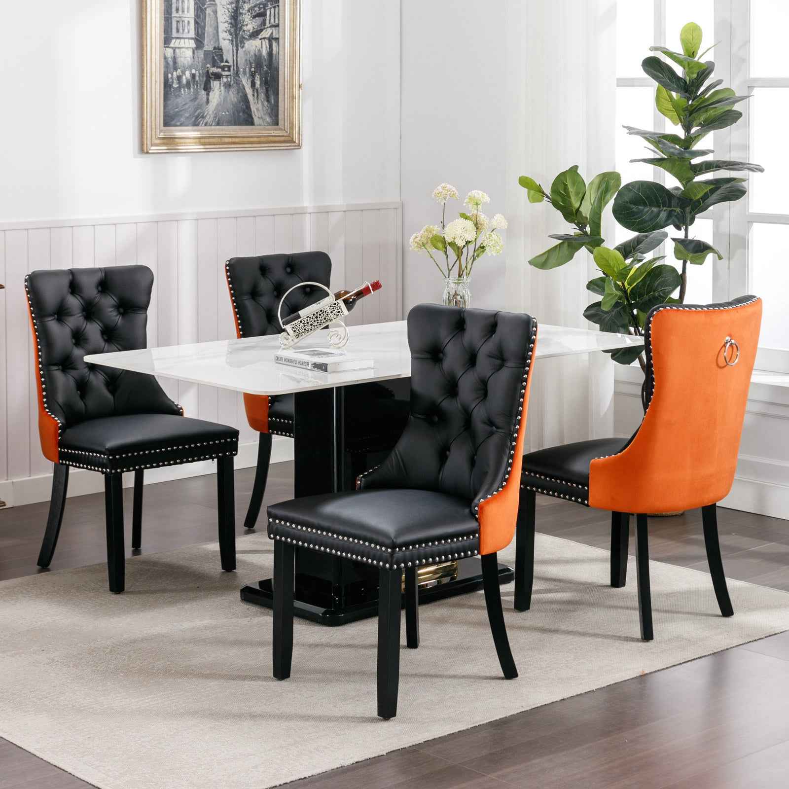 A&A Furniture,Nikki Collection Modern, High-end Tufted Solid Wood Contemporary PU and Velvet Upholstered Dining Chair with Wood Legs Nailhead Trim 2-Pcs Set,Black+Orange, SW2101BO
