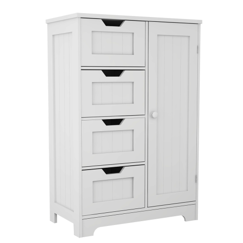 White freestanding floor storage cabinet with adjustable shelves, 4 drawers and 1 door - Abrihome