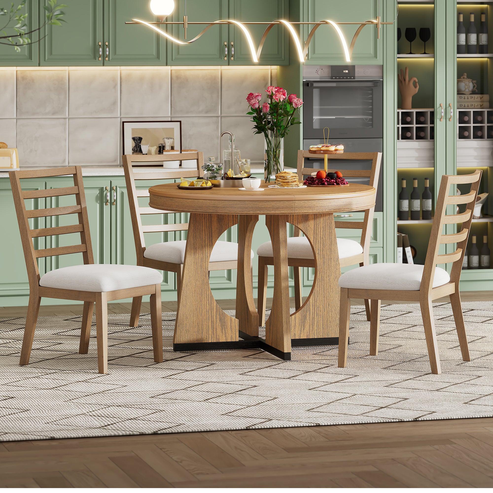 TREXM 5-Piece Retro Rustic Functional Dining Set Unique Geometric Design, 1 Extendable Table with a 16-inch Leaf and 4 Upholstered Chairs Ideal for Dining Room and Kitchen (Natural)