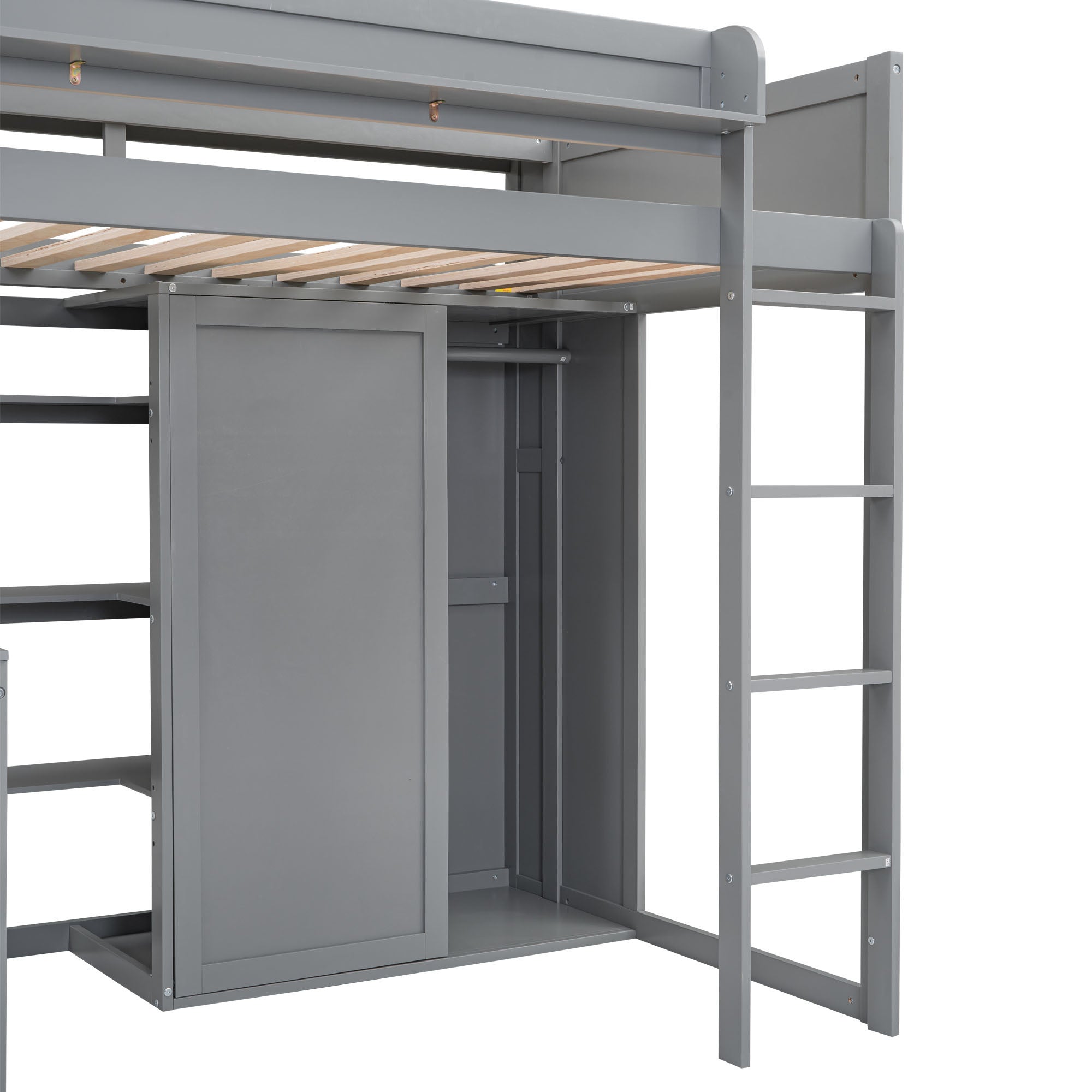 Wood Twin Size Loft bed with Multiple Storage Shelves and Wardrobe, Gray - Abrihome
