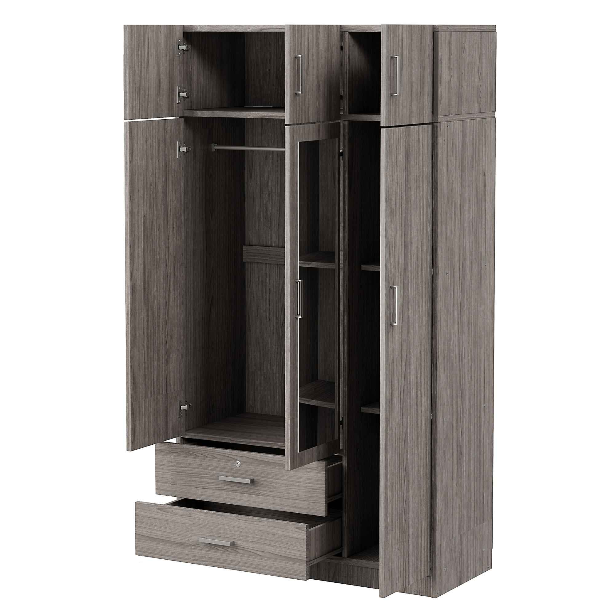 3-Door Mirror Wardrobe with 2 Drawers and Top Cabinet,Gray