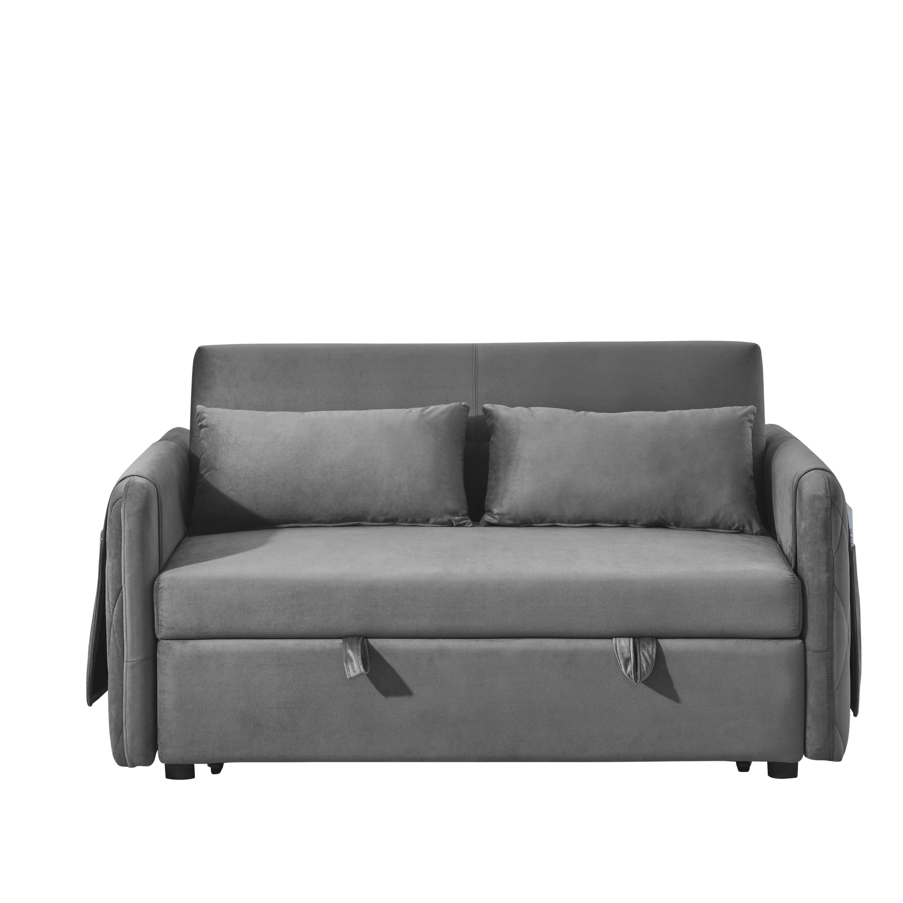 55" Modern Convertible Sofa Bed with 2 Detachable Arm Pockets, Velvet Loveseat Sofa with Pull Out Bed, 2 Pillows and Living Room Adjustable Backrest, Grid Design Armrests