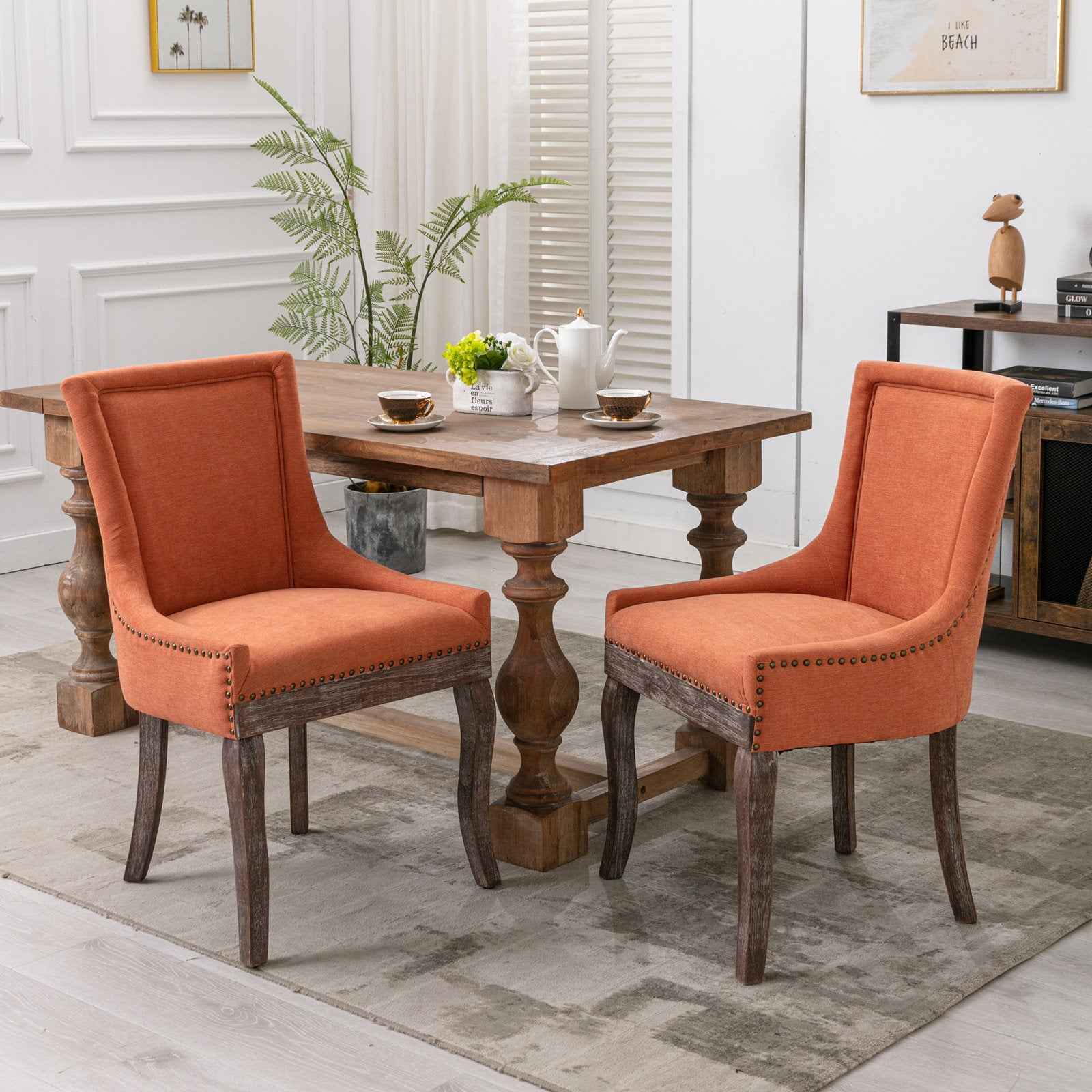 A&A Furniture,Ultra Side Dining Chair,Thickened fabric chairs with neutrally toned solid wood legs, Bronze nail head,Set of 2,Orange