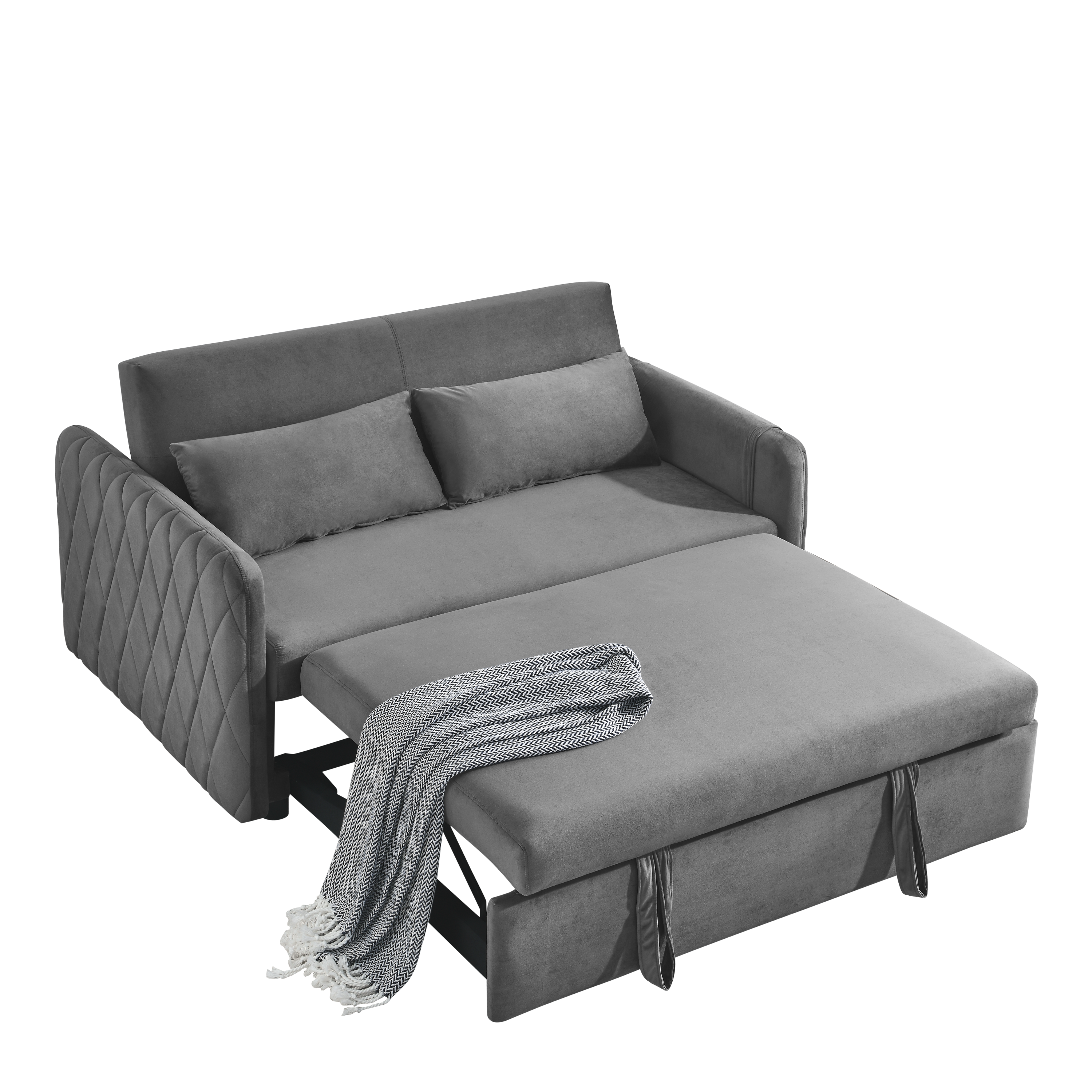 55" Modern Convertible Sofa Bed with 2 Detachable Arm Pockets, Velvet Loveseat Sofa with Pull Out Bed, 2 Pillows and Living Room Adjustable Backrest, Grid Design Armrests