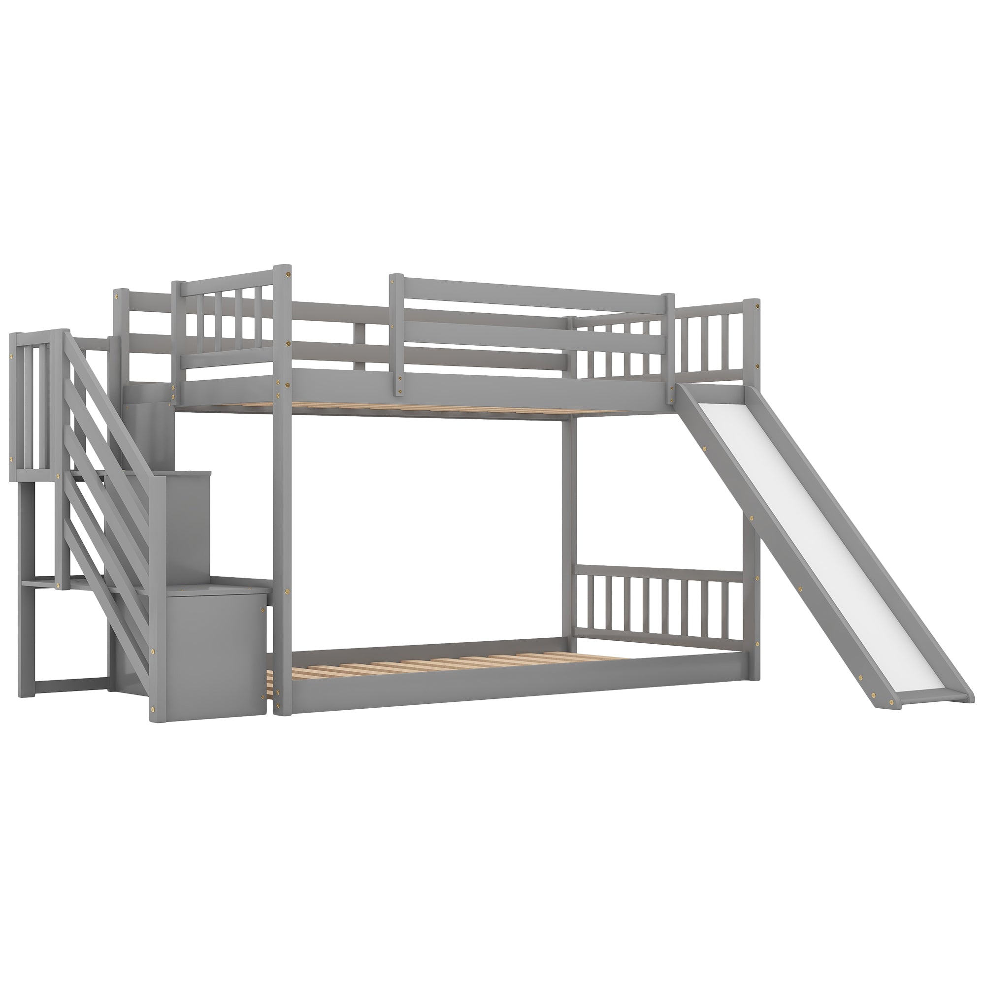 Twin over Twin Bunk Bed with Convertible Slide and Stairway, Gray - Abrihome