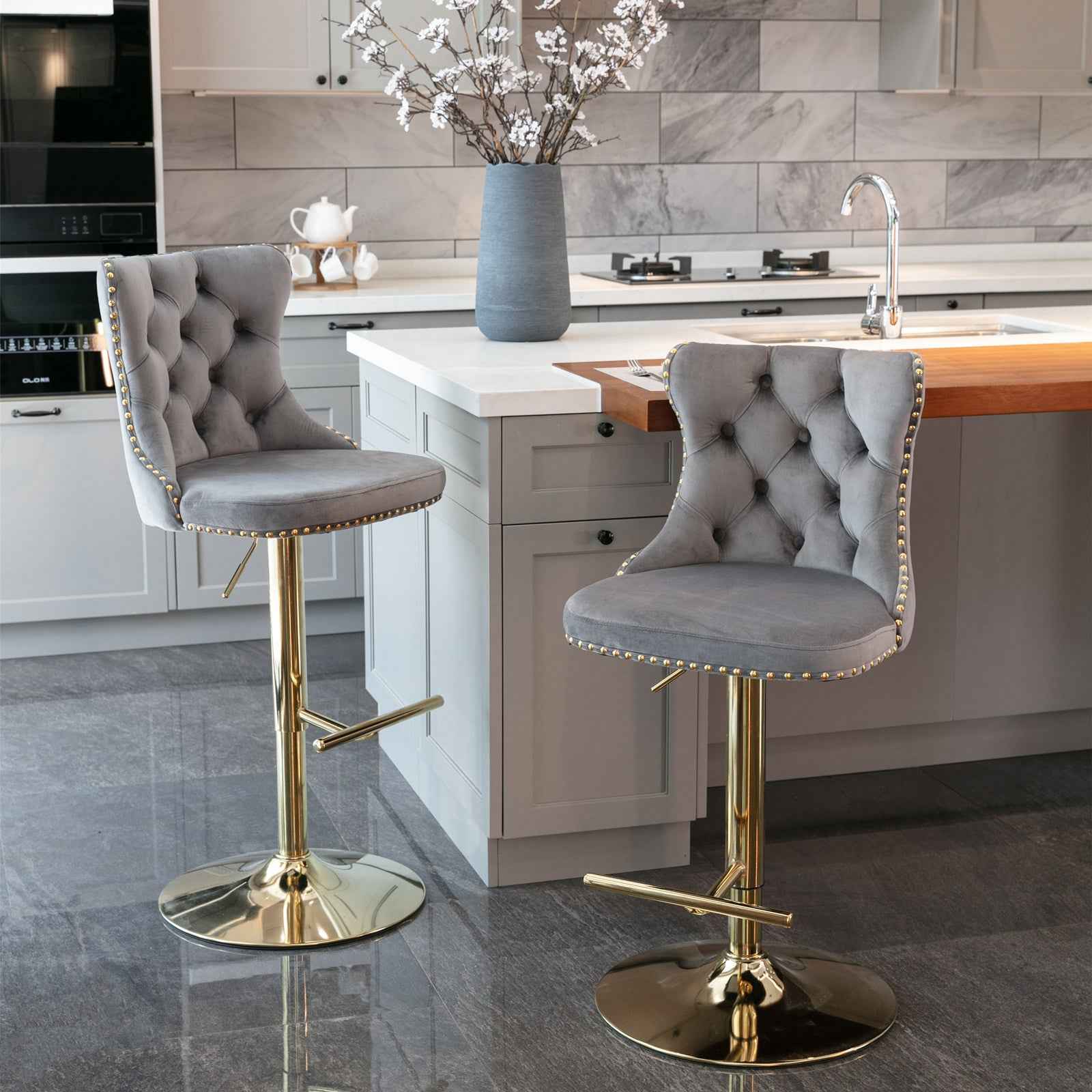A&A Furniture,Golden Swivel Velvet Barstools Adjusatble Seat Height from 25-33 Inch, Modern Upholstered Bar Stools with Backs Comfortable Tufted for Home Pub and Kitchen Island(Gray,Set of 2)