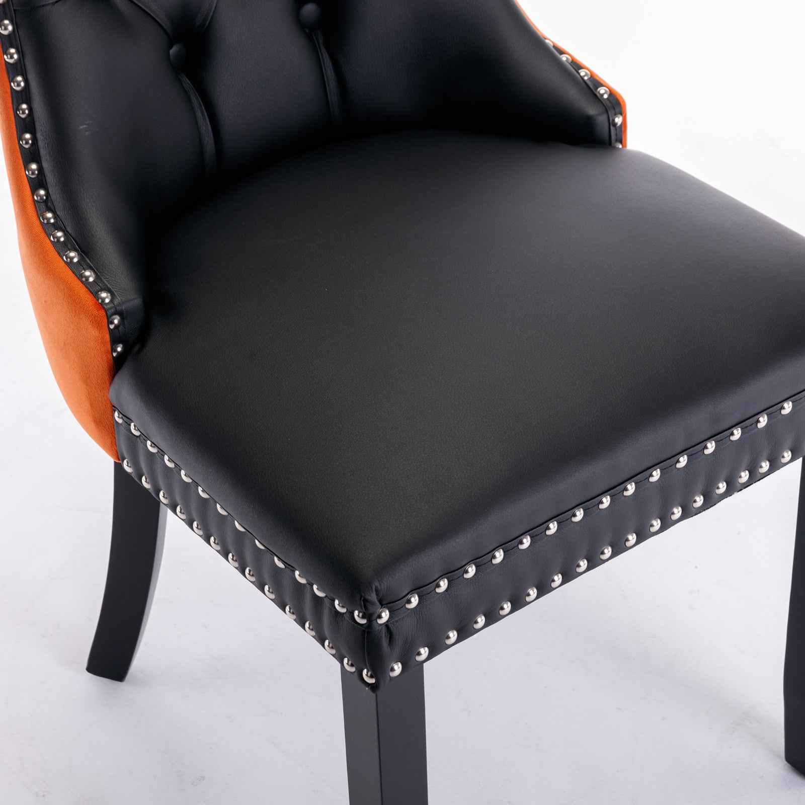 A&A Furniture,Nikki Collection Modern, High-end Tufted Solid Wood Contemporary PU and Velvet Upholstered Dining Chair with Wood Legs Nailhead Trim 2-Pcs Set,Black+Orange, SW2101BO