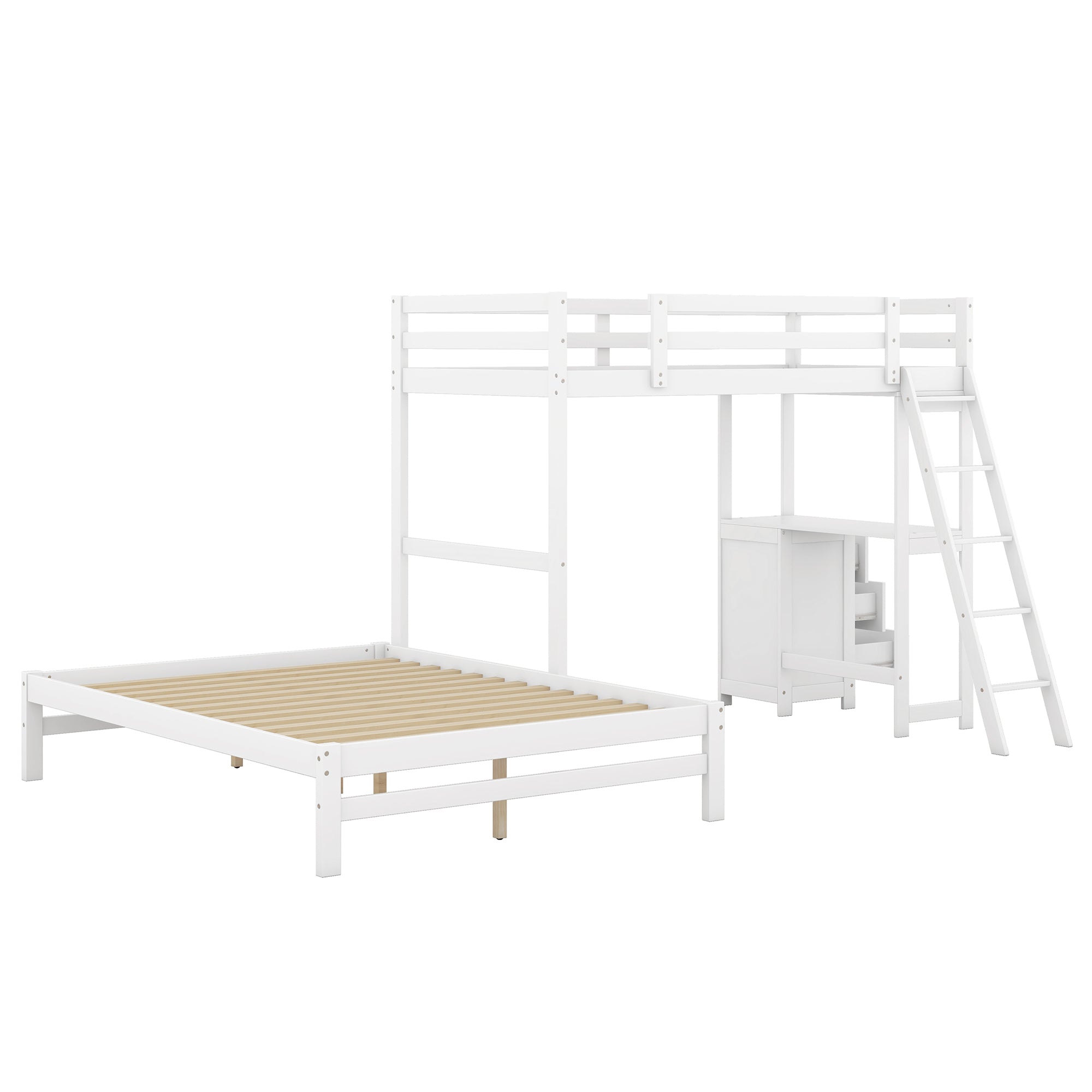 Twin over Full Bunk Bed with Built-in Desk and Three Drawers,White - Abrihome